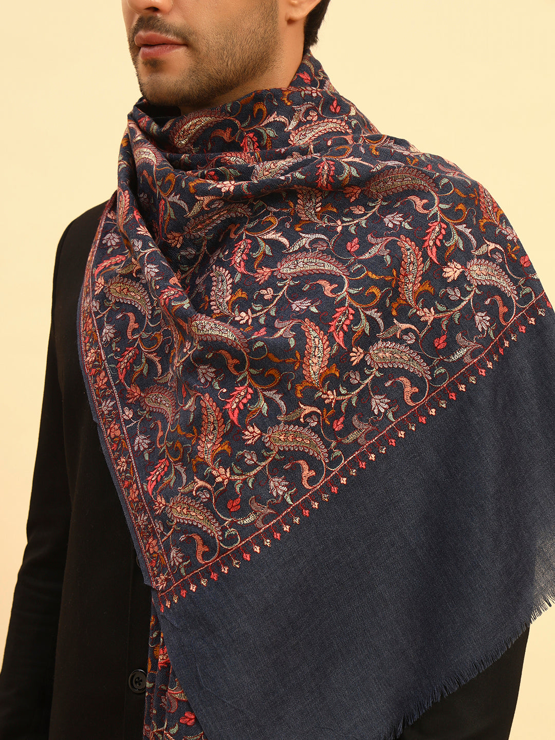Pashmoda Men 100% Pure Wool Sozni Hand Embroidered Stole (Size-71x203cm)