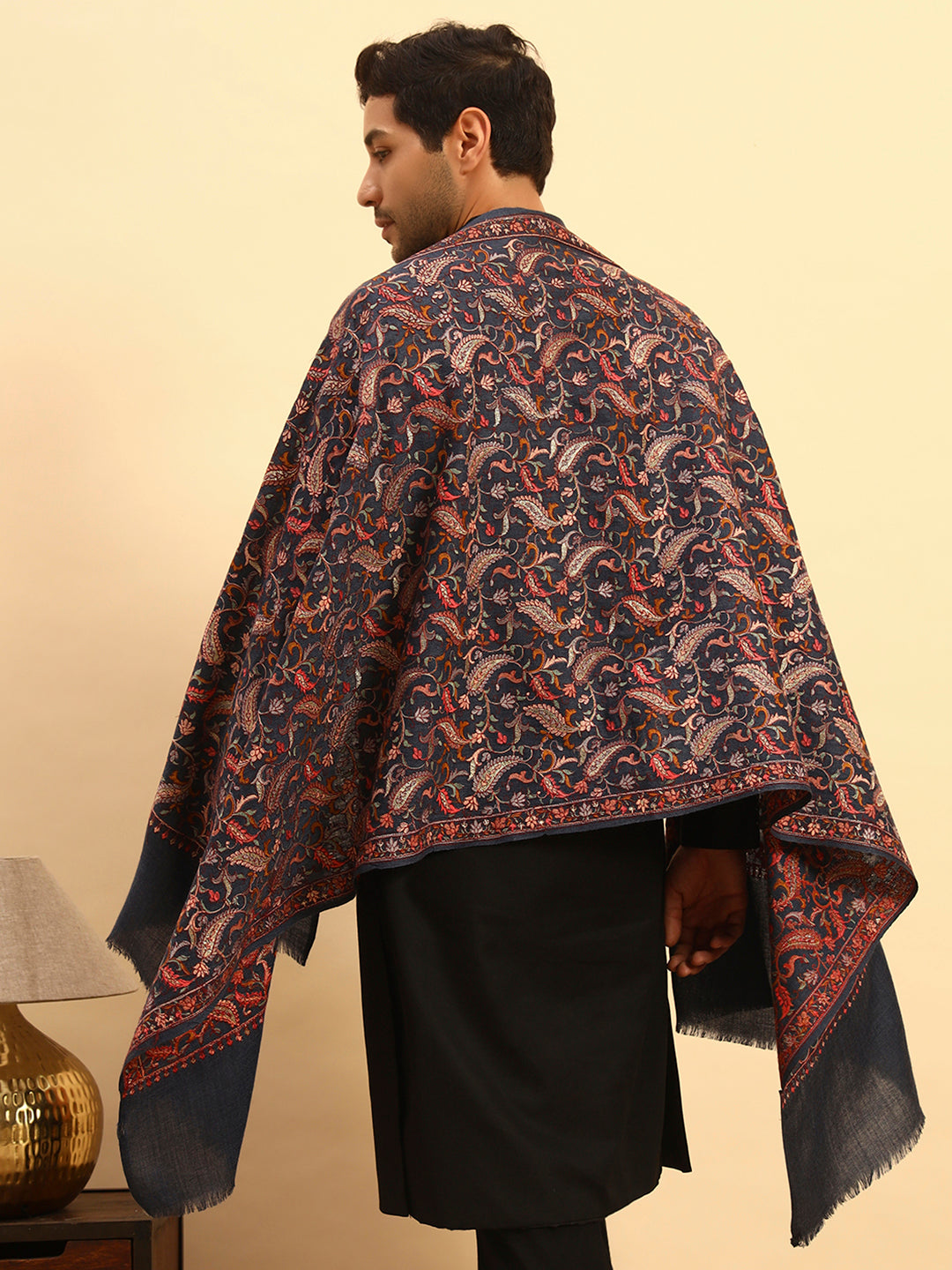 Pashmoda Men 100% Pure Wool Sozni Hand Embroidered Stole (Size-71x203cm)