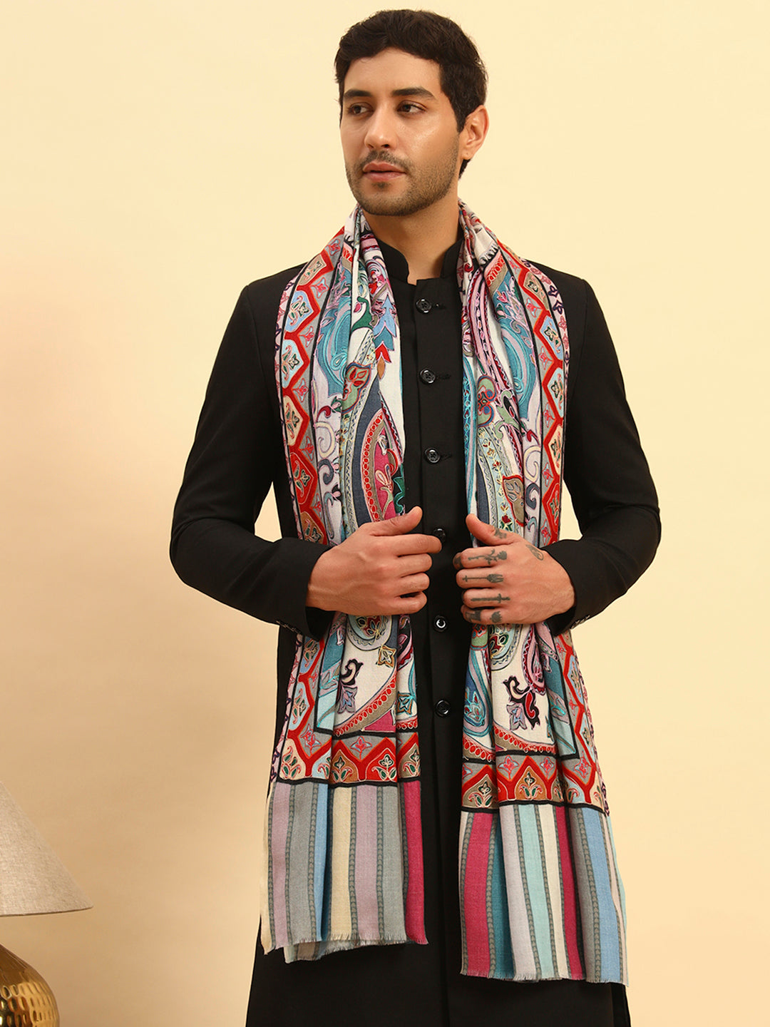 Pashmoda Men Rangdil 100% Pure Wool Fabric Kalamkari Embroidered Stole (Size:71x203cm)