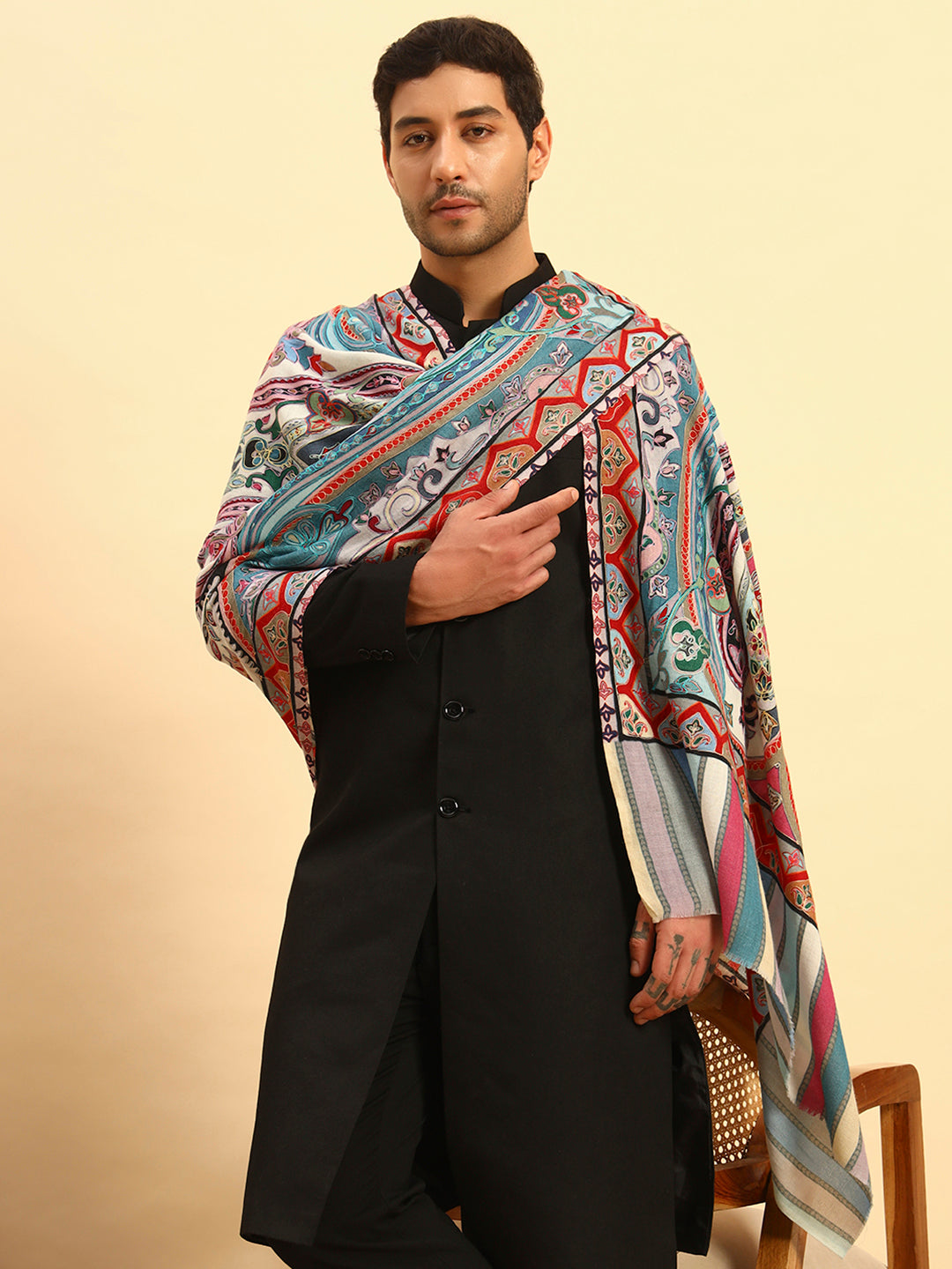 Pashmoda Men Rangdil 100% Pure Wool Fabric Kalamkari Embroidered Stole (Size:71x203cm)