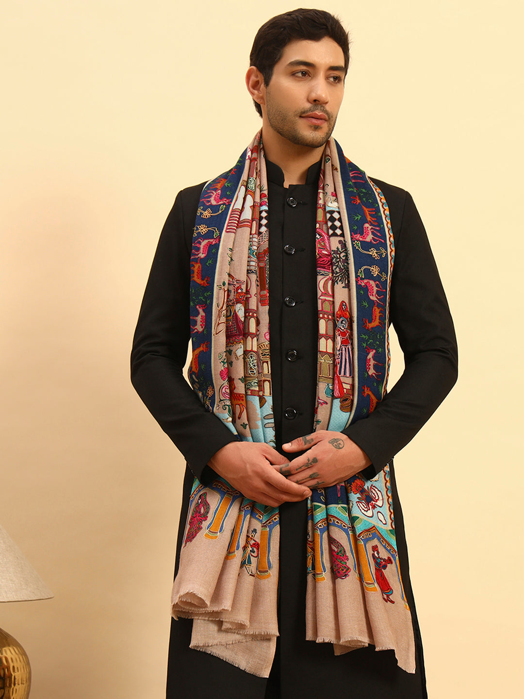 Pashmoda Men Mughal Bagh 100% Pure Wool Fabric Kalamkari Embroidered Shawl (Size: 101x203 CM)