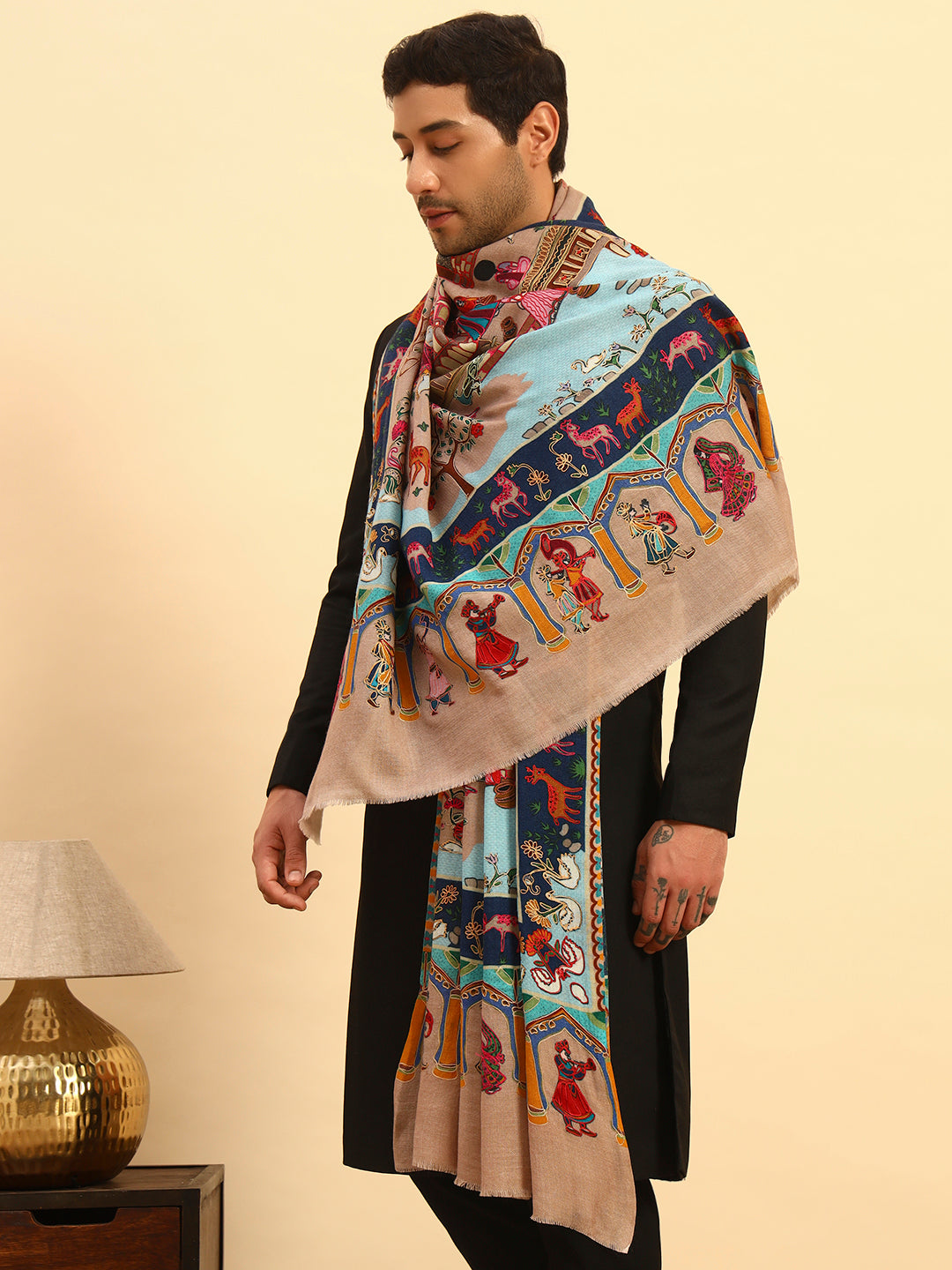 Pashmoda Men Mughal Bagh 100% Pure Wool Fabric Kalamkari Embroidered Shawl (Size: 101x203 CM)