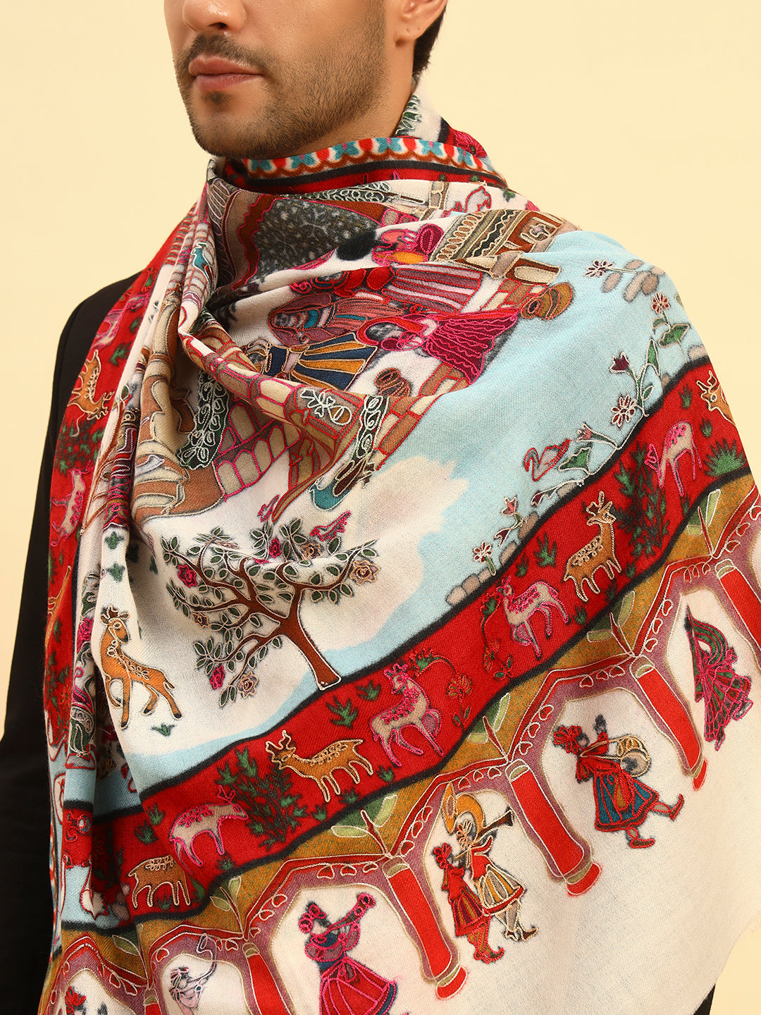 Pashmoda Men Mughal Bagh 100% Pure Wool Fabric Kalamkari Embroidered Shawl (Size: 101x203 CM)