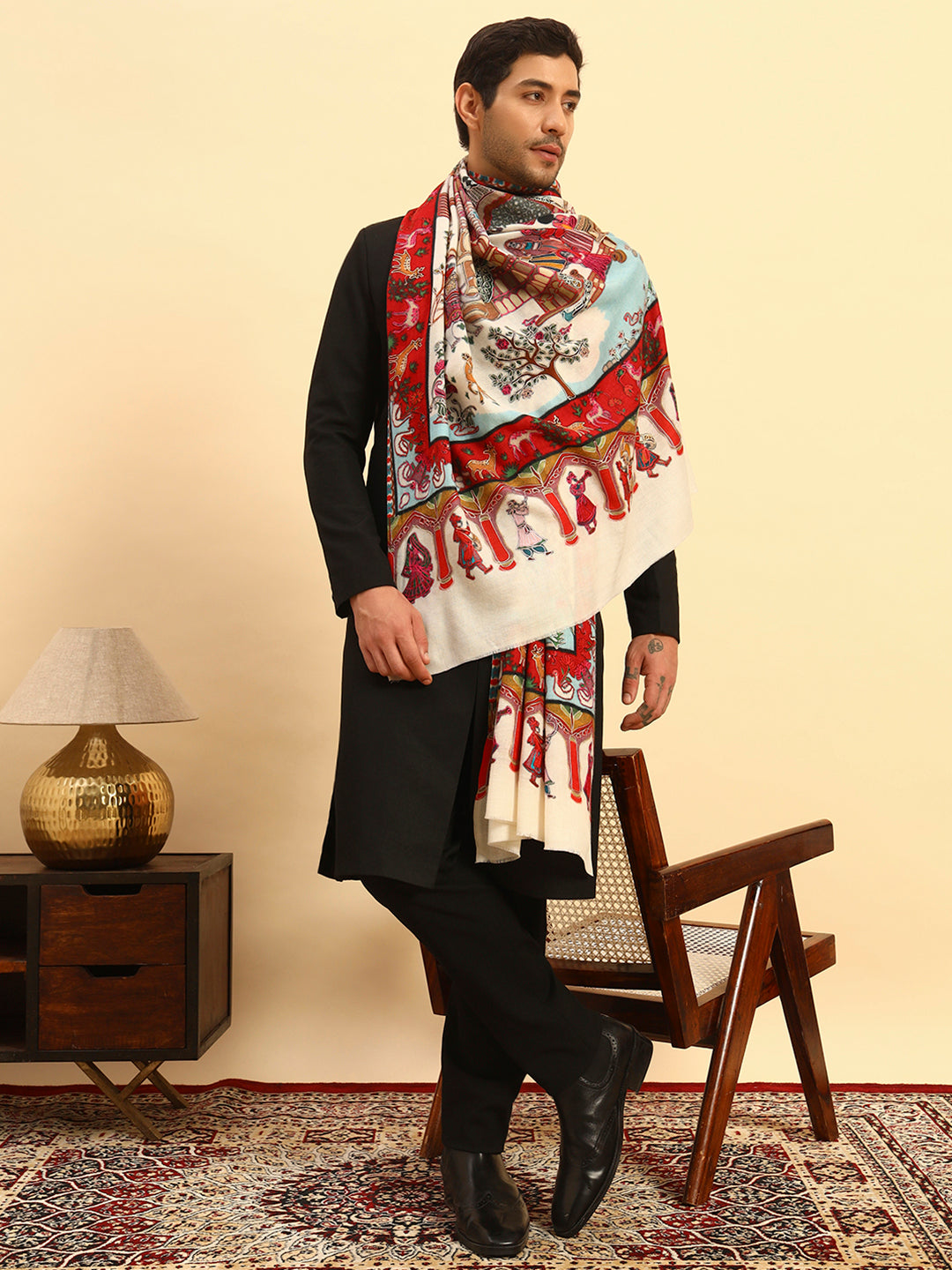 Pashmoda Men Mughal Bagh 100% Pure Wool Fabric Kalamkari Embroidered Shawl (Size: 101x203 CM)