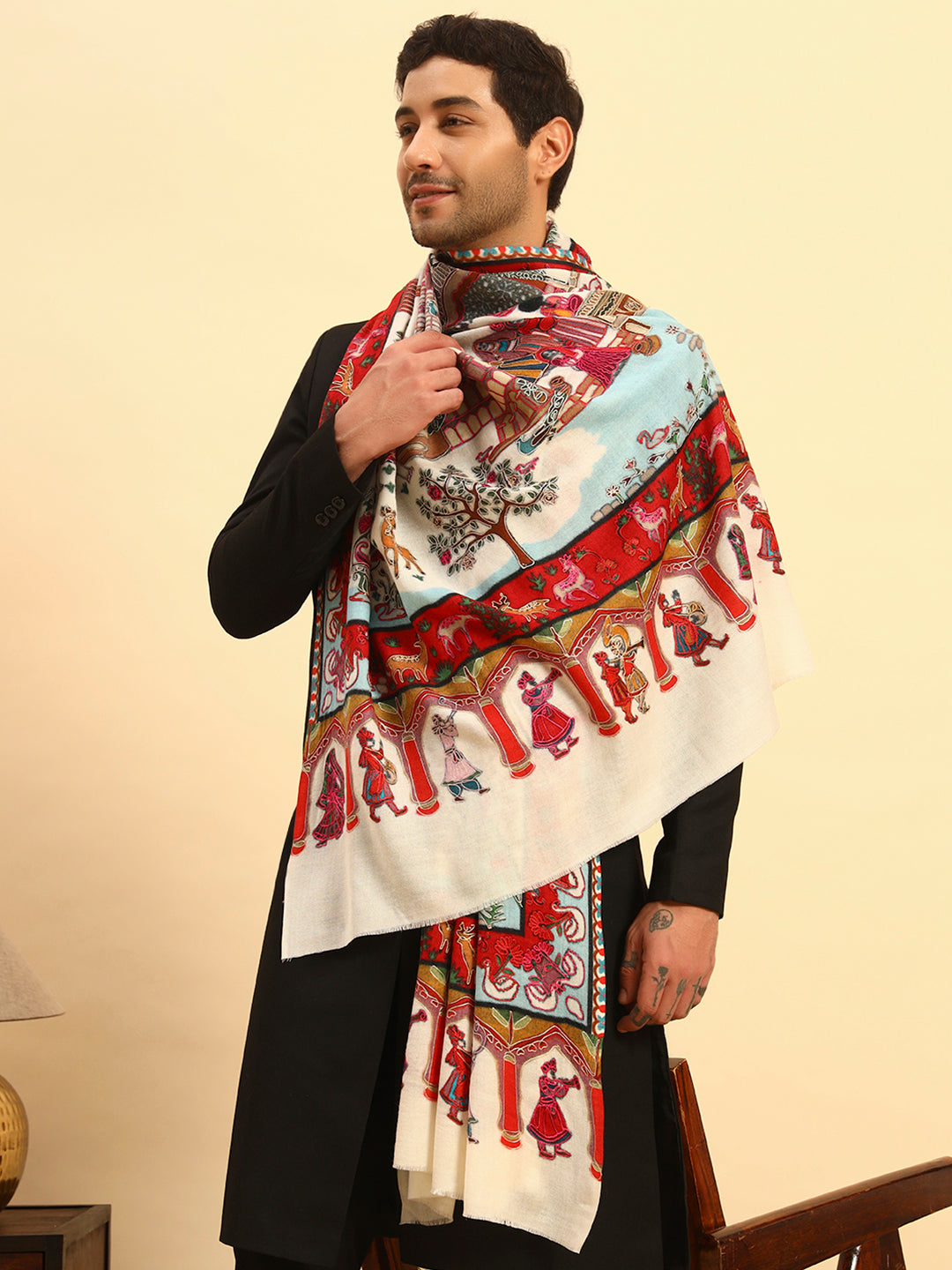 Pashmoda Men Mughal Bagh 100% Pure Wool Fabric Kalamkari Embroidered Shawl (Size: 101x203 CM)
