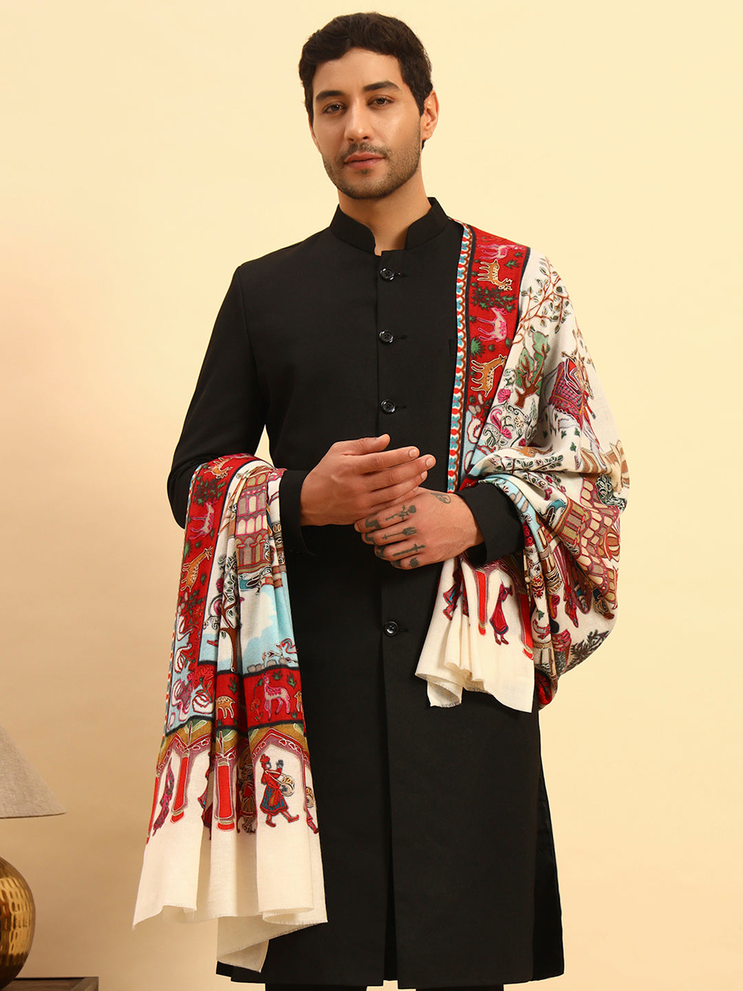 Pashmoda Men Mughal Bagh 100% Pure Wool Fabric Kalamkari Embroidered Shawl (Size: 101x203 CM)