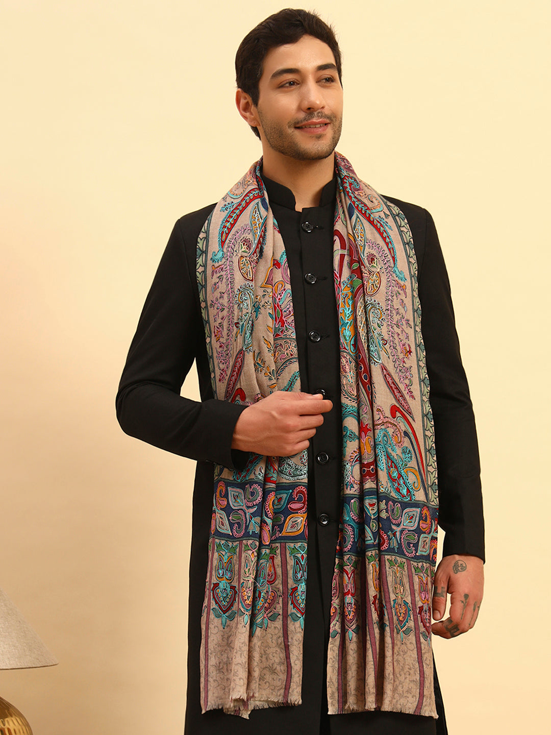Pashmoda Men Saahtaar 100% Pure Wool Fabric Kalamkari Embroidered Stole (Size:71x203cm)