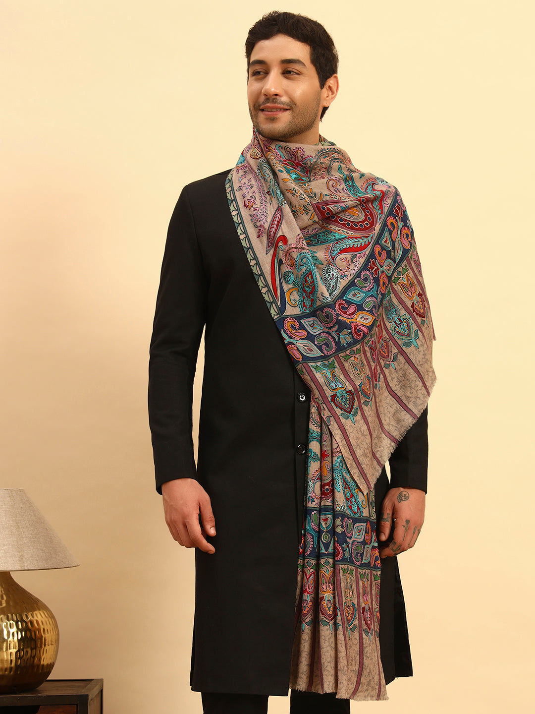 Pashmoda Men Saahtaar 100% Pure Wool Fabric Kalamkari Embroidered Stole (Size:71x203cm)