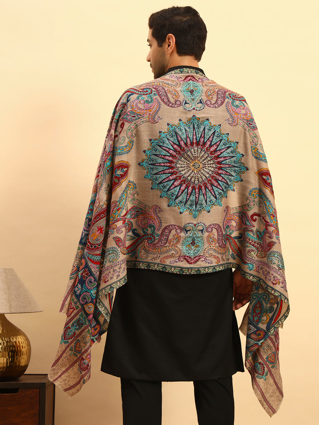 Pashmoda Men Saahtaar 100% Pure Wool Fabric Kalamkari Embroidered Stole (Size:71x203cm)