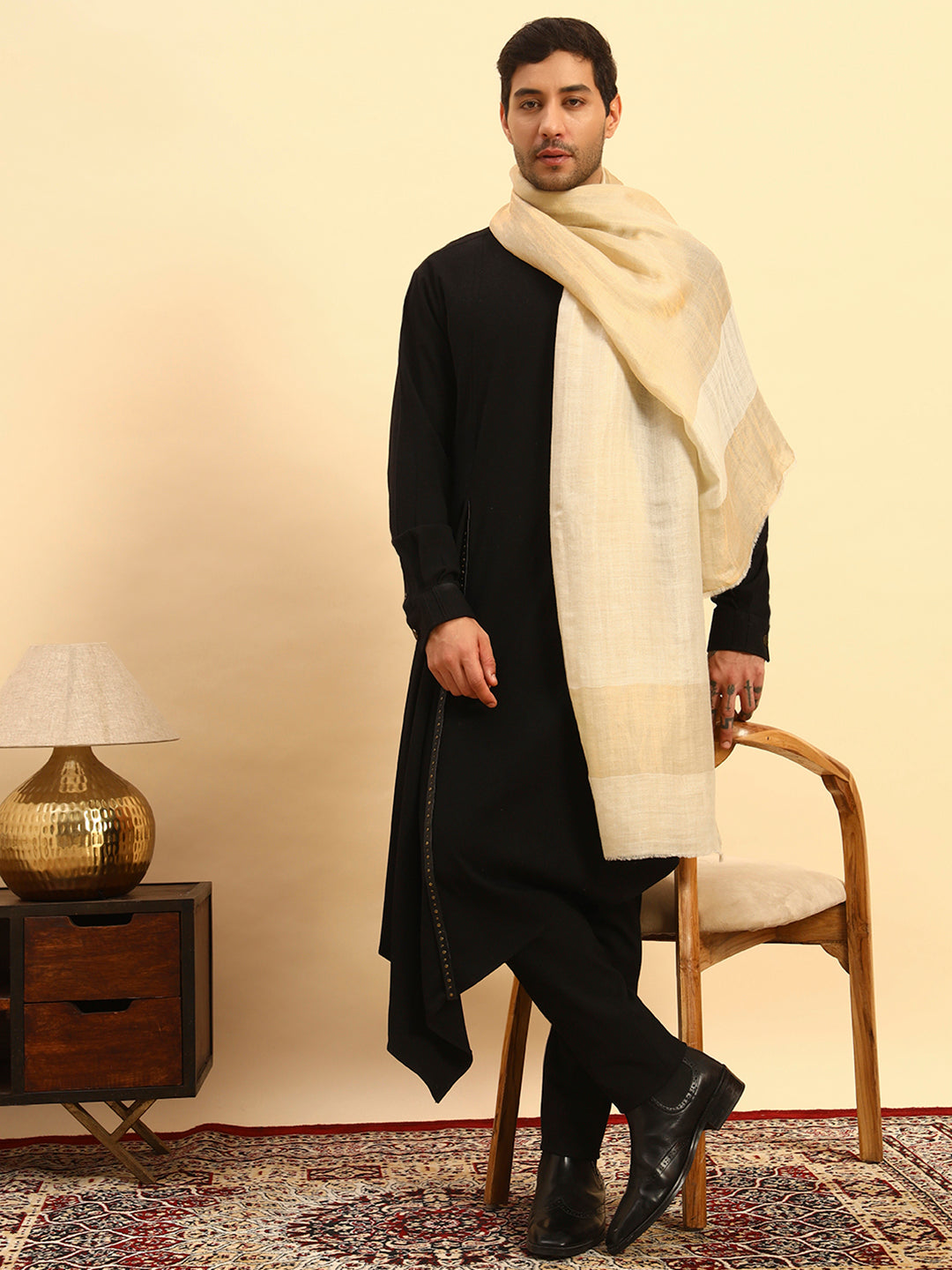 Pashmoda Men Midnight Bronze Reversible Zari Moonlight Fine Wool Stole (Size: 71x203 Cm)