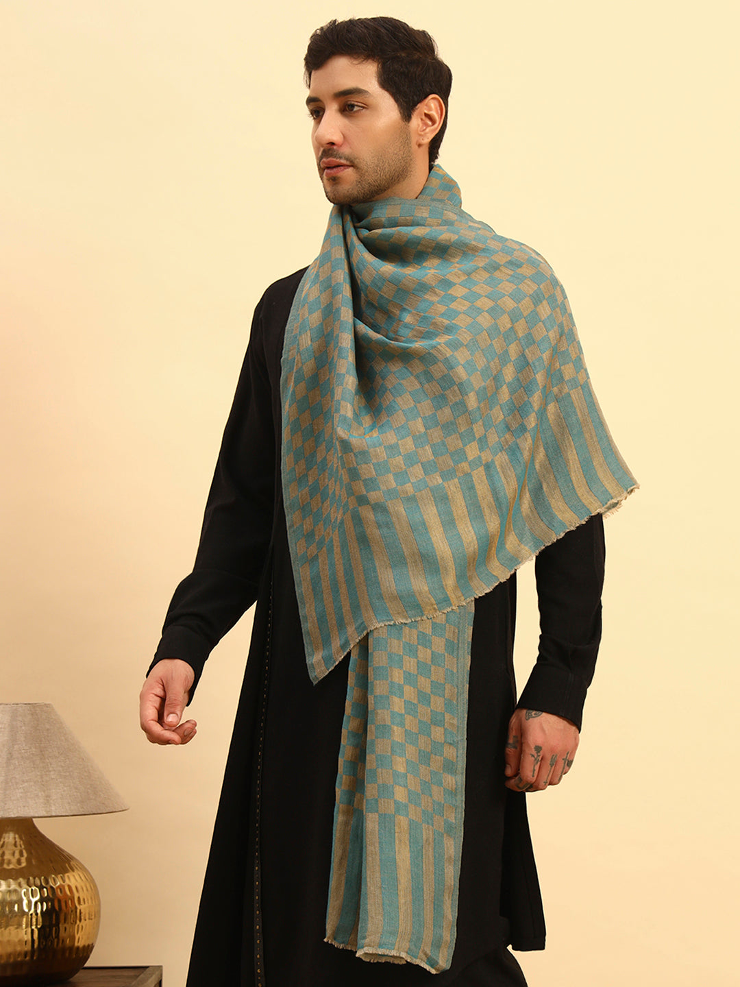 Pashmoda Men Champagne Check Reversible Zari Moonlight Fine Wool Stole (Size: 71x203 Cm)