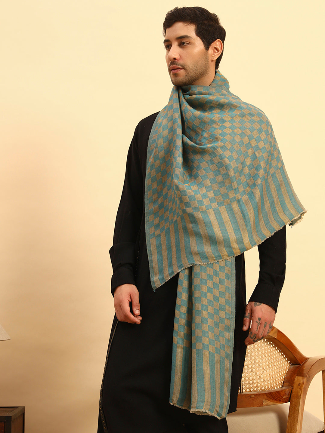 Pashmoda Men Champagne Check Reversible Zari Moonlight Fine Wool Stole (Size: 71x203 Cm)
