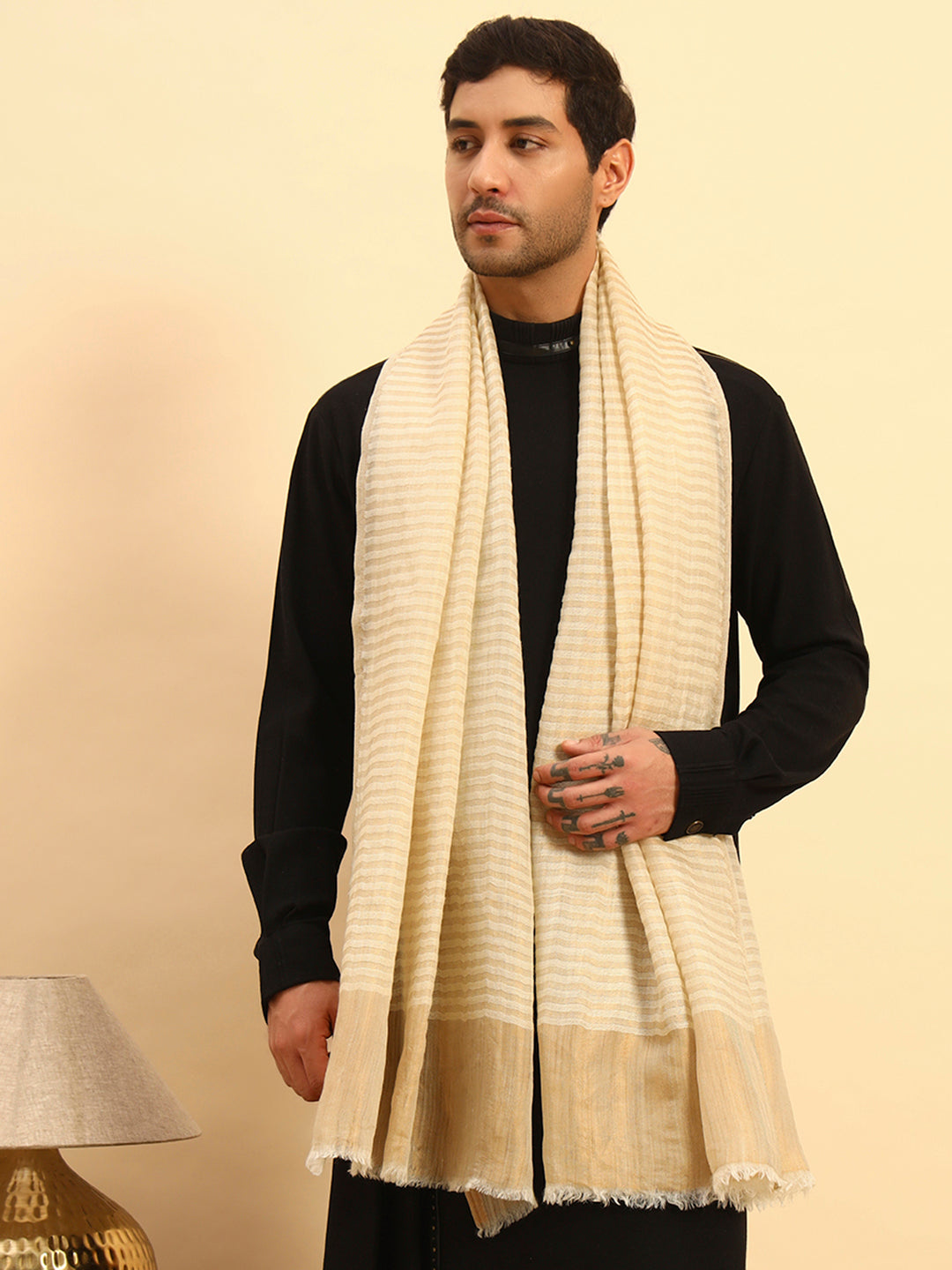 Pashmoda Men Golden Eclipse Reversible Zari Moonlight Fine Wool Stole (Size: 71x203 Cm)
