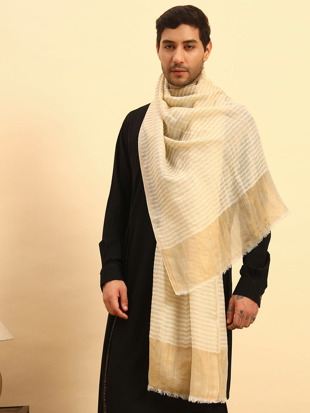Pashmoda Men Golden Eclipse Reversible Zari Moonlight Fine Wool Stole (Size: 71x203 Cm)