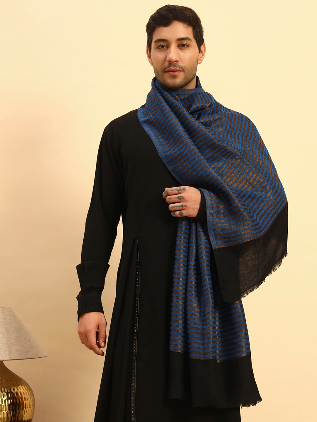 Pashmoda Men Golden Eclipse Reversible Zari Moonlight Fine Wool Stole (Size: 71x203 Cm)