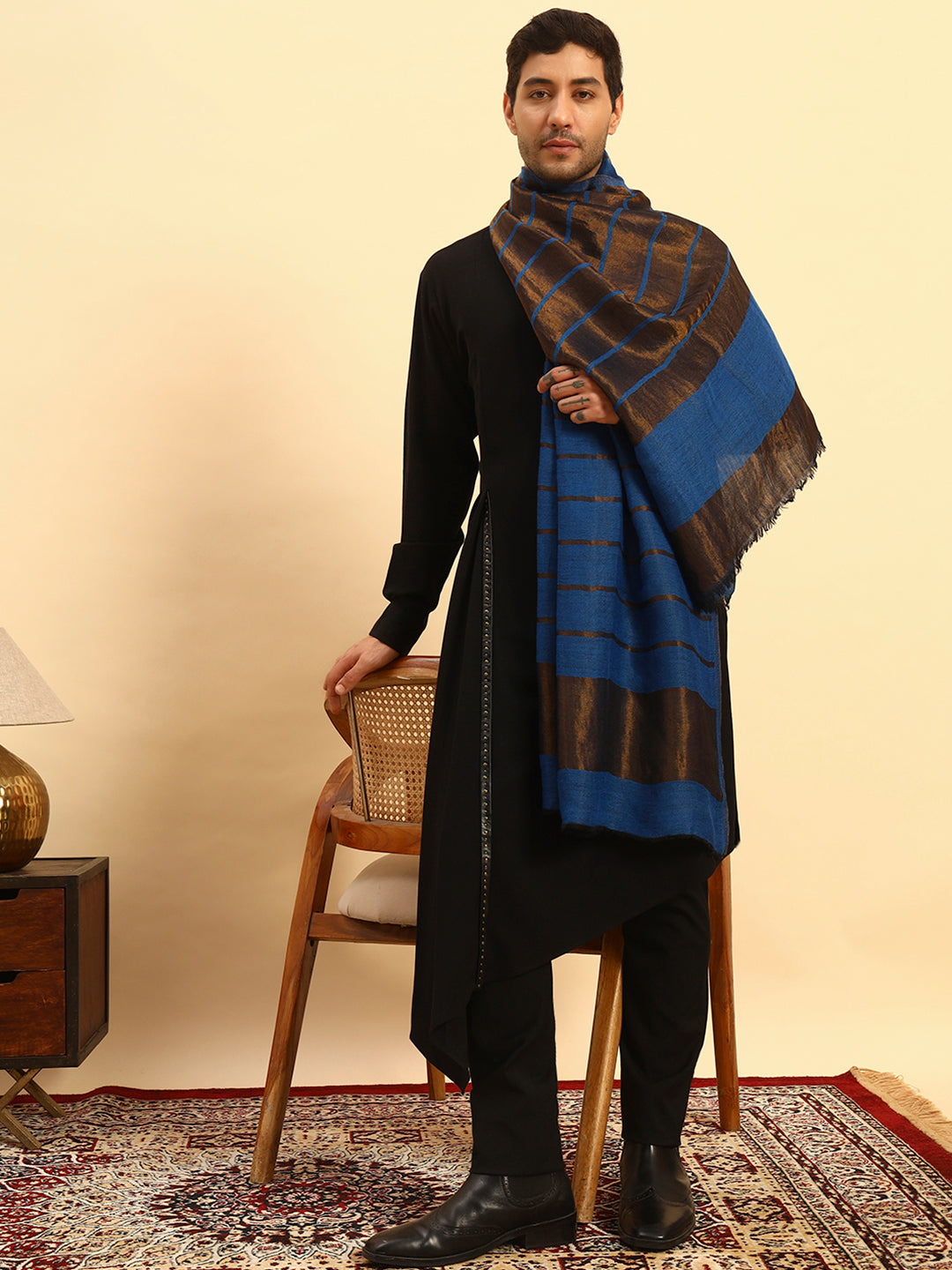 Pashmoda Men Parallel Grace Reversible Zari Moonlight Fine Wool Stole (Size: 71x203 Cm)