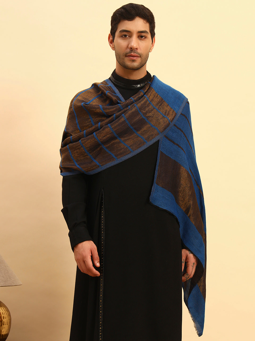Pashmoda Men Parallel Grace Reversible Zari Moonlight Fine Wool Stole (Size: 71x203 Cm)