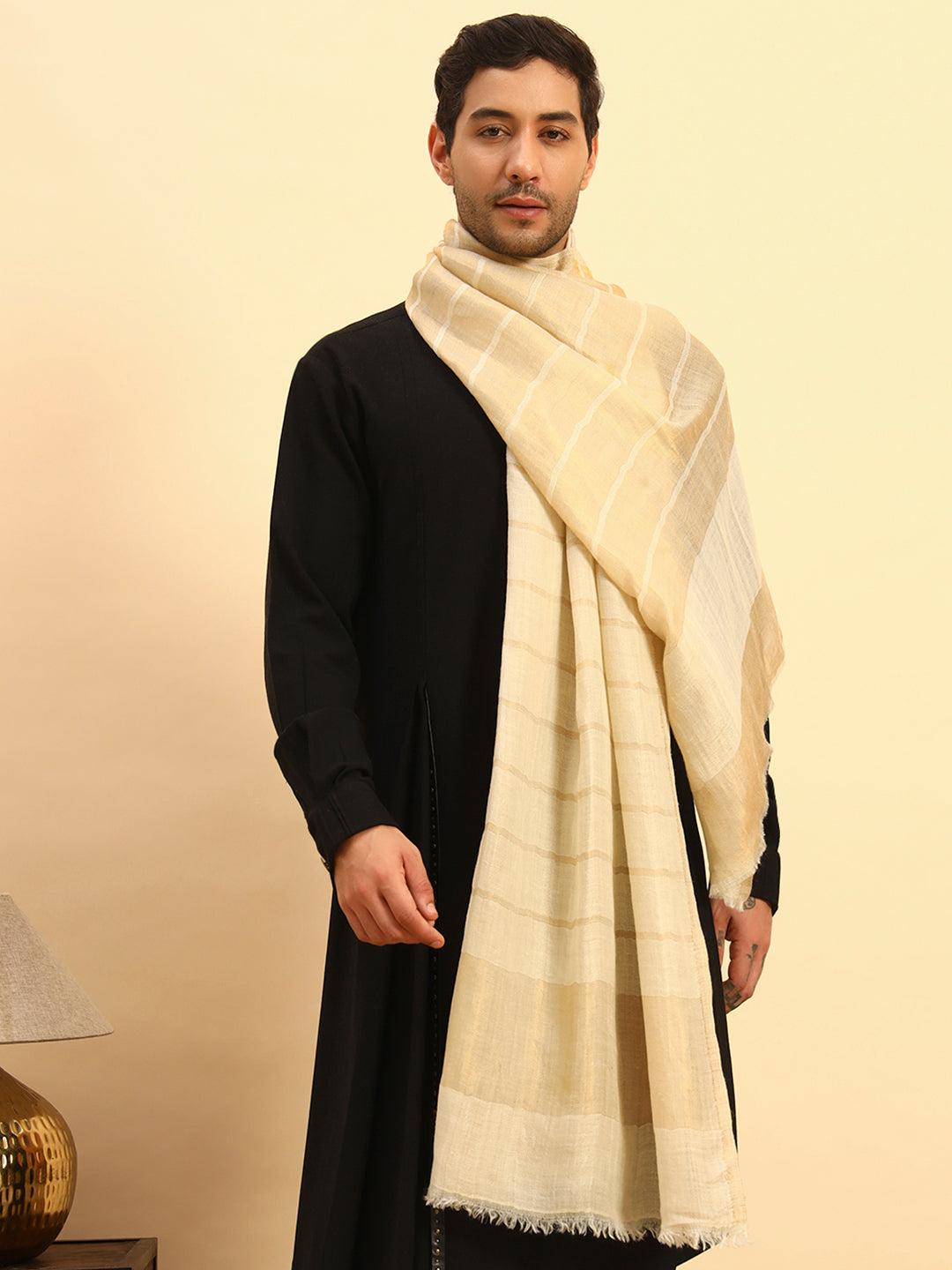 Pashmoda Men Parallel Grace Reversible Zari Moonlight Fine Wool Stole (Size: 71x203 Cm)
