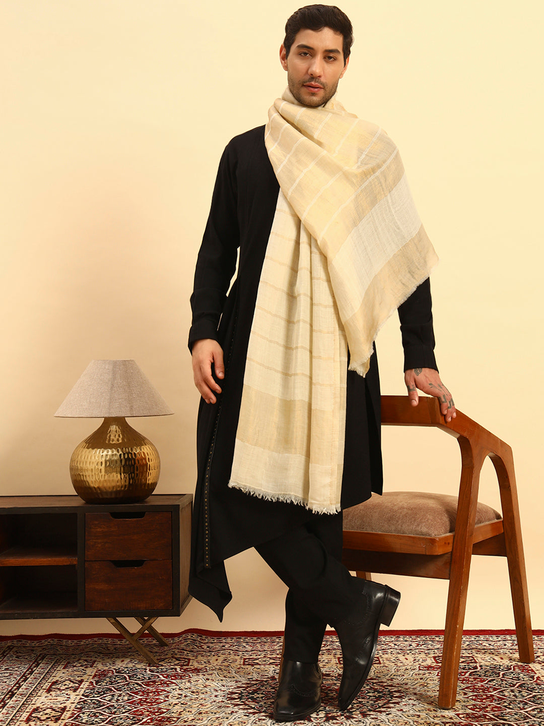 Pashmoda Men Parallel Grace Reversible Zari Moonlight Fine Wool Stole (Size: 71x203 Cm)