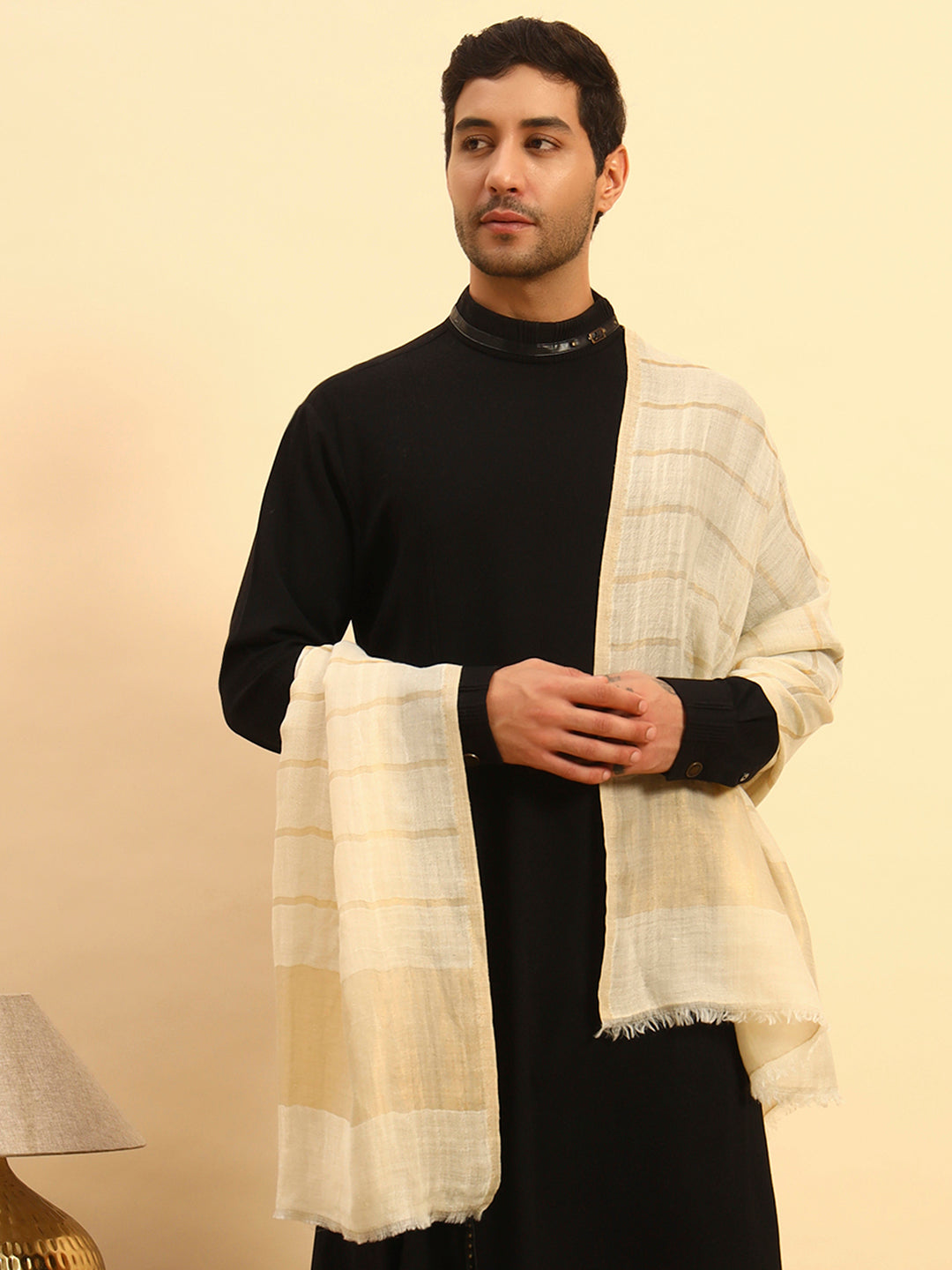 Pashmoda Men Parallel Grace Reversible Zari Moonlight Fine Wool Stole (Size: 71x203 Cm)