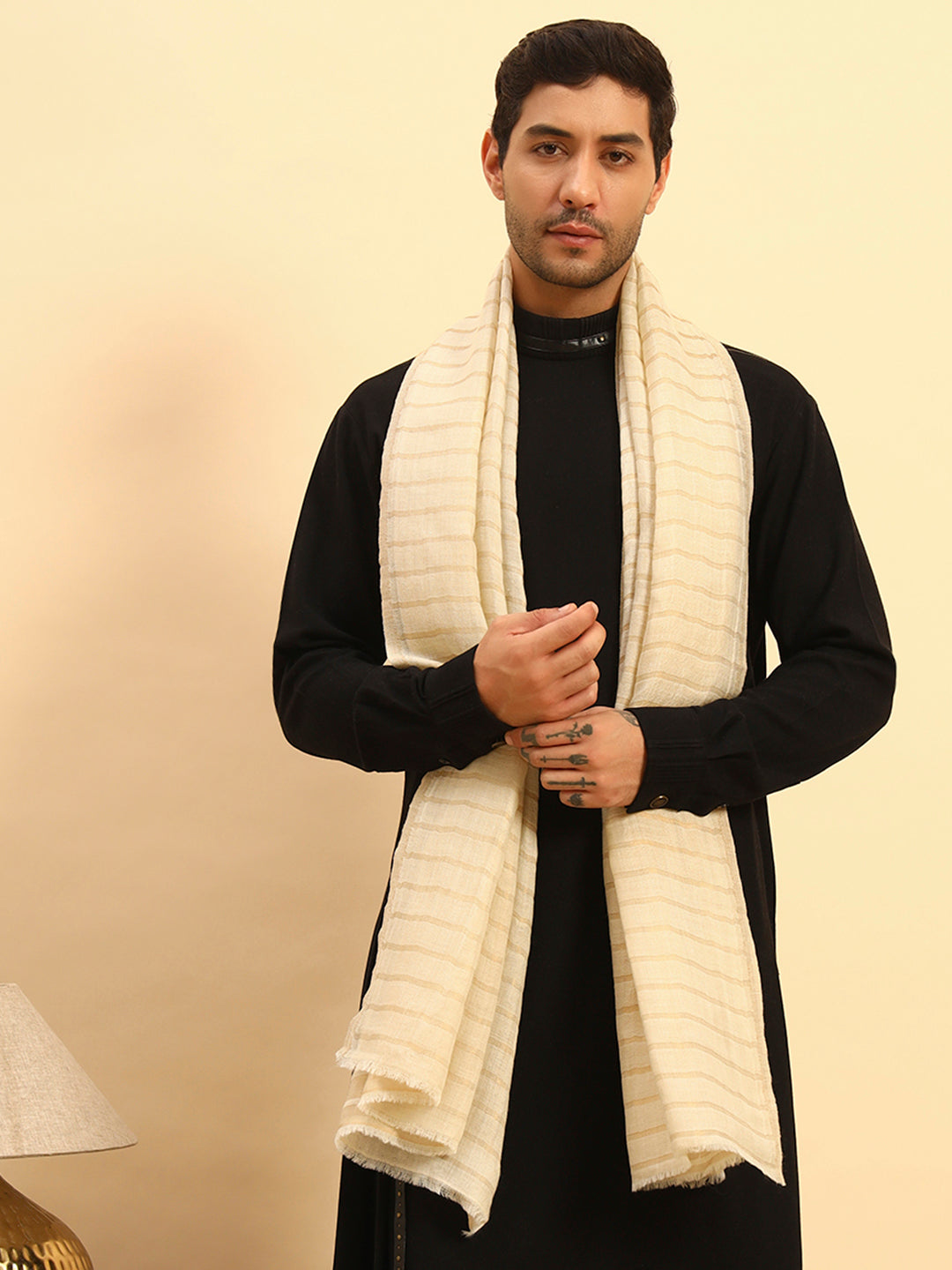 Pashmoda Men Golden Mirage Reversible Zari Moonlight Fine Wool Stole (Size: 71x203 Cm)
