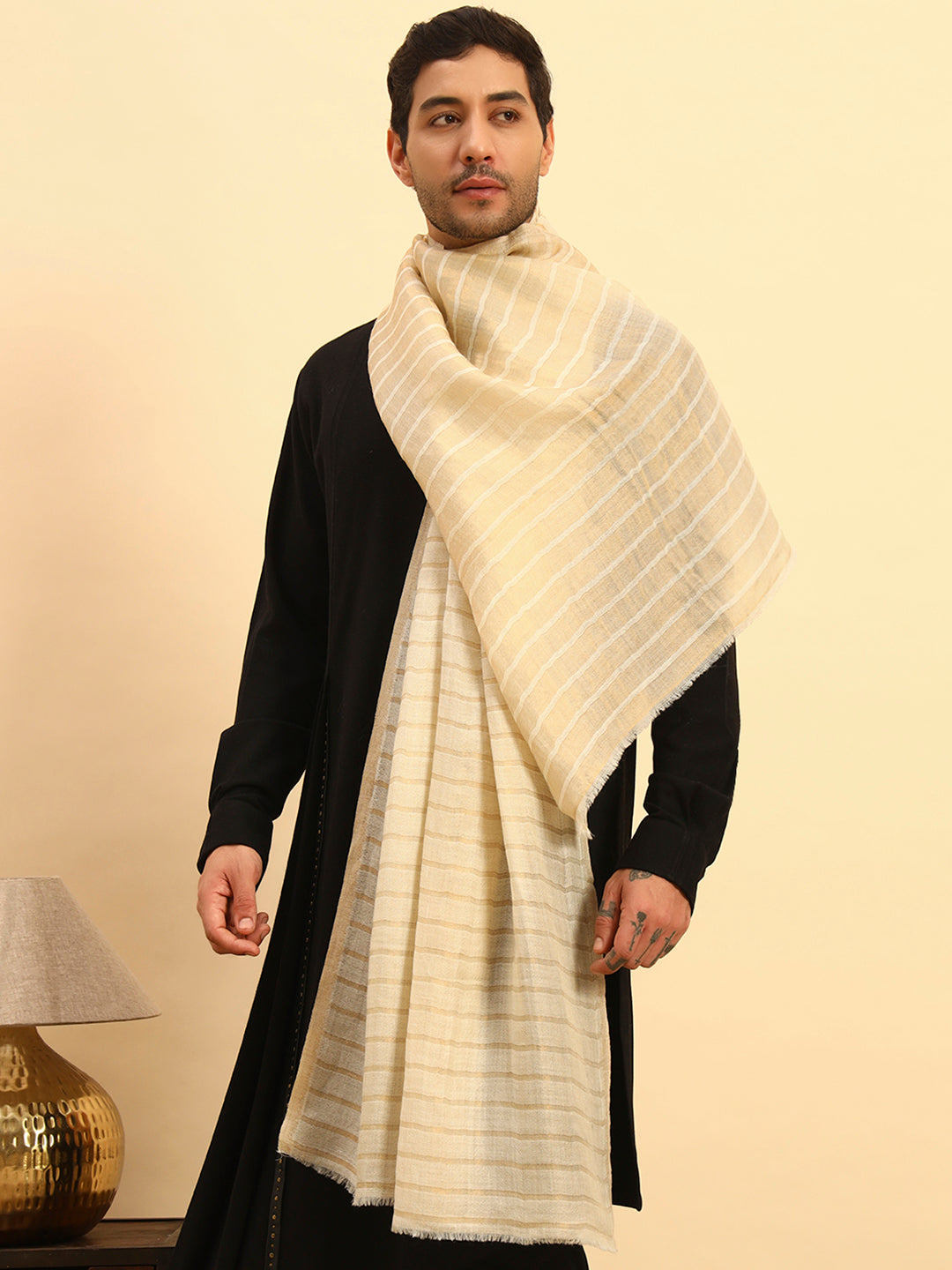 Pashmoda Men Golden Mirage Reversible Zari Moonlight Fine Wool Stole (Size: 71x203 Cm)