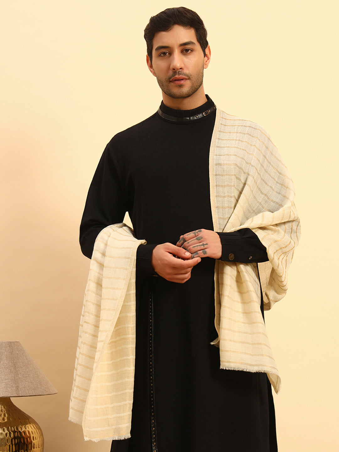 Pashmoda Men Golden Mirage Reversible Zari Moonlight Fine Wool Stole (Size: 71x203 Cm)