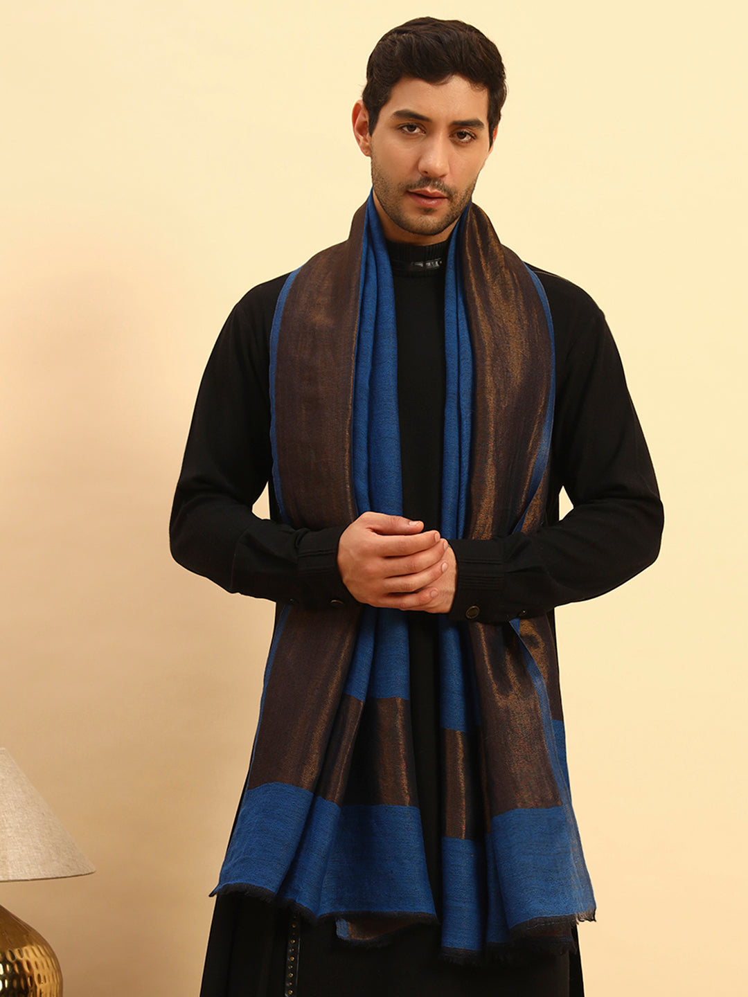 Pashmoda Men Midnight Bronze Reversible Zari Moonlight Fine Wool Stole (Size: 71x203 Cm)