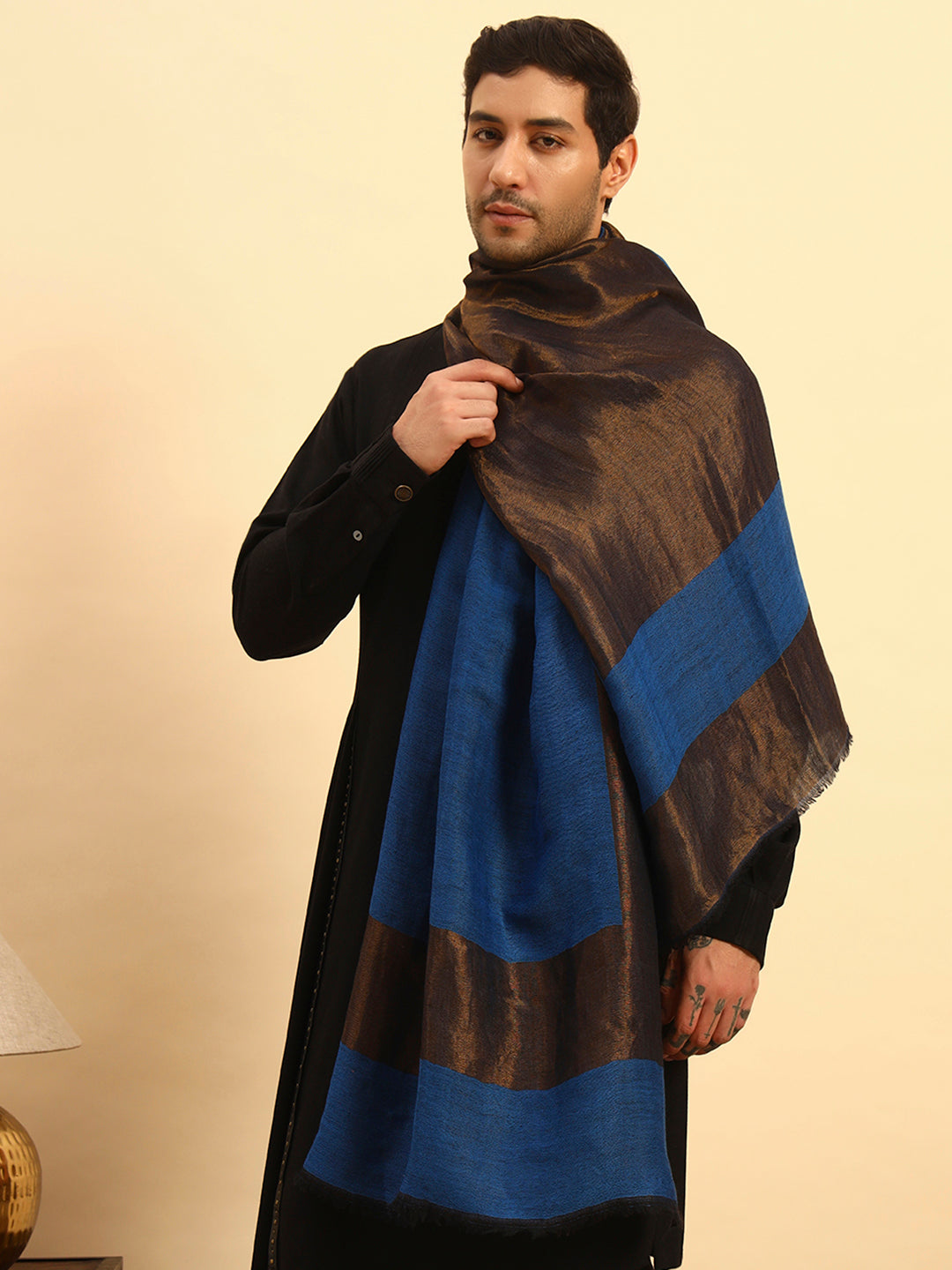 Pashmoda Men Midnight Bronze Reversible Zari Moonlight Fine Wool Stole (Size: 71x203 Cm)