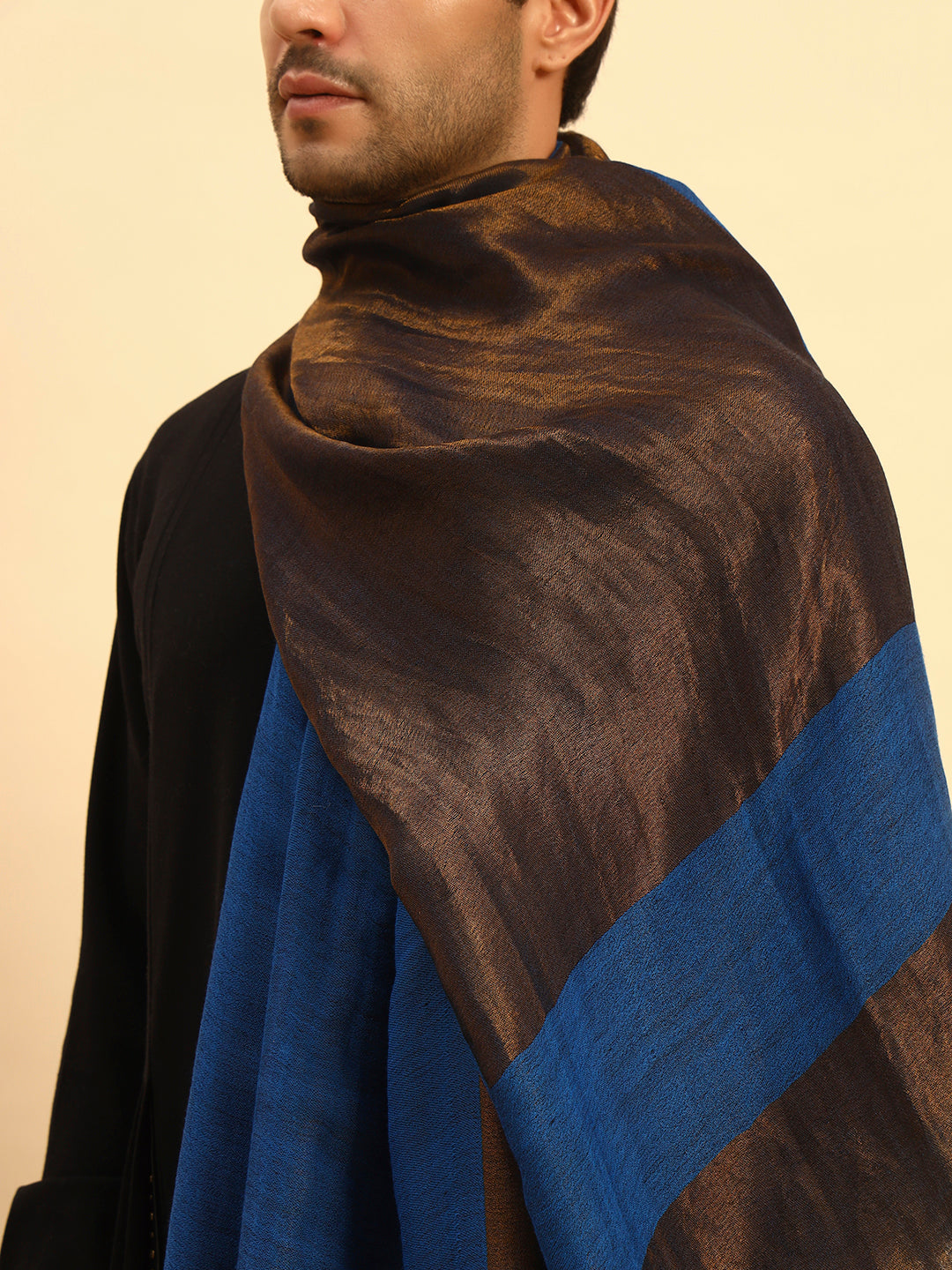 Pashmoda Men Midnight Bronze Reversible Zari Moonlight Fine Wool Stole (Size: 71x203 Cm)
