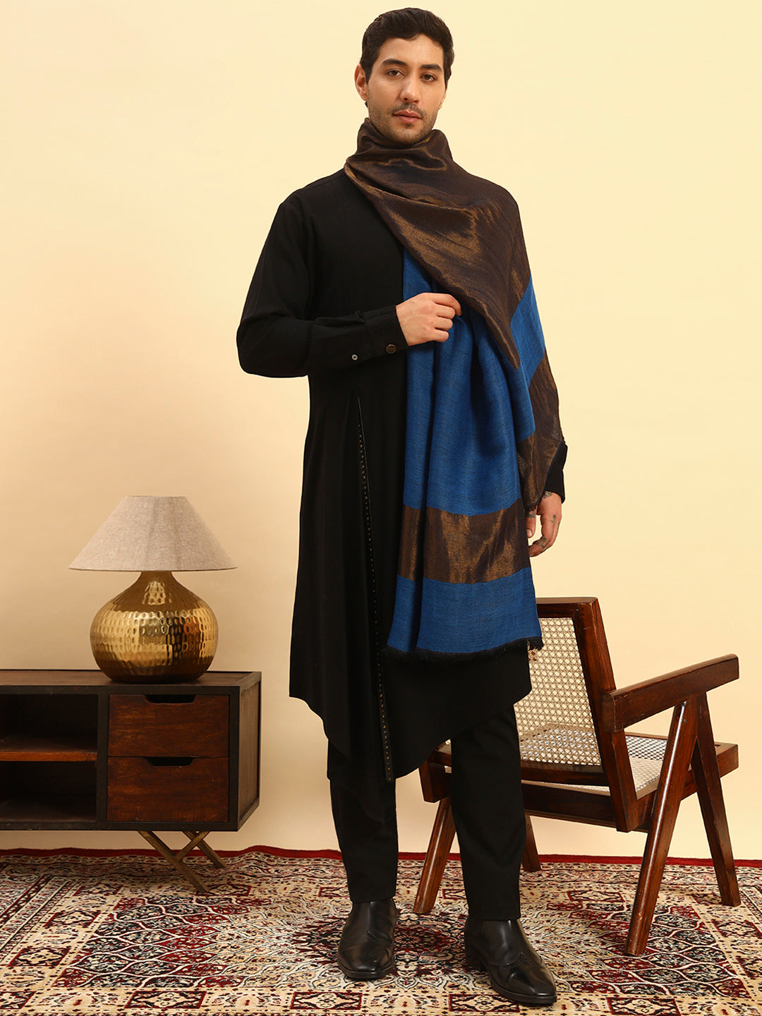 Pashmoda Men Midnight Bronze Reversible Zari Moonlight Fine Wool Stole (Size: 71x203 Cm)