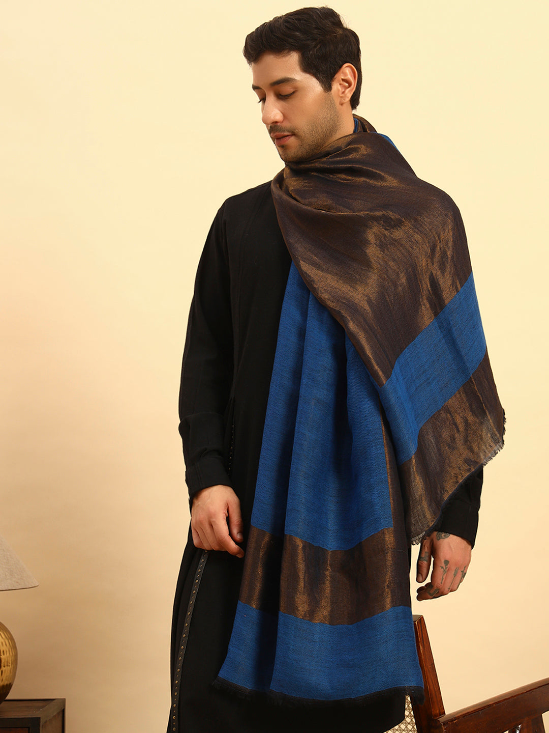 Pashmoda Men Midnight Bronze Reversible Zari Moonlight Fine Wool Stole (Size: 71x203 Cm)