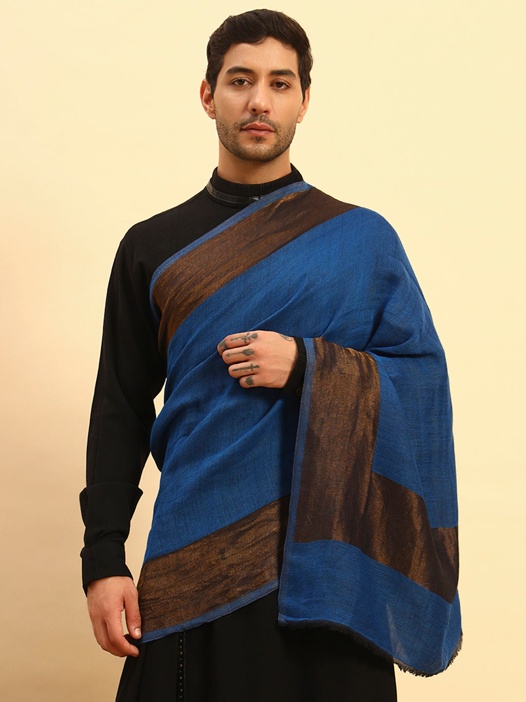 Pashmoda Men Midnight Bronze Reversible Zari Moonlight Fine Wool Stole (Size: 71x203 Cm)