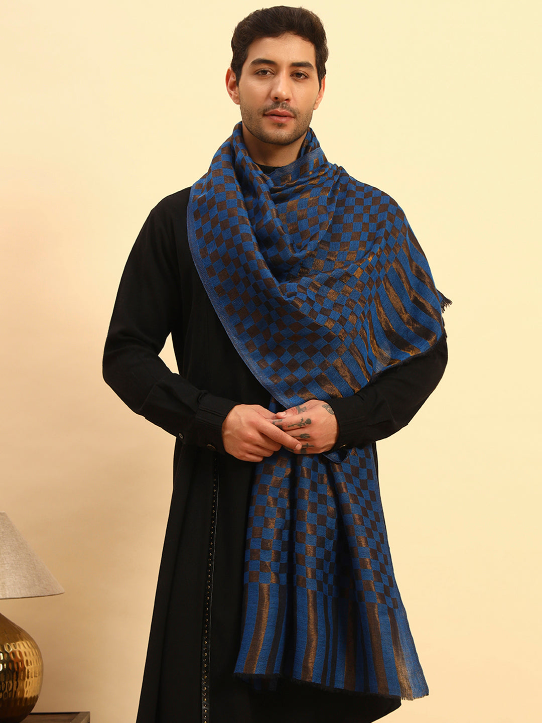 Pashmoda Men Champagne Check Reversible Zari Moonlight Fine Wool Stole (Size: 71x203 Cm)