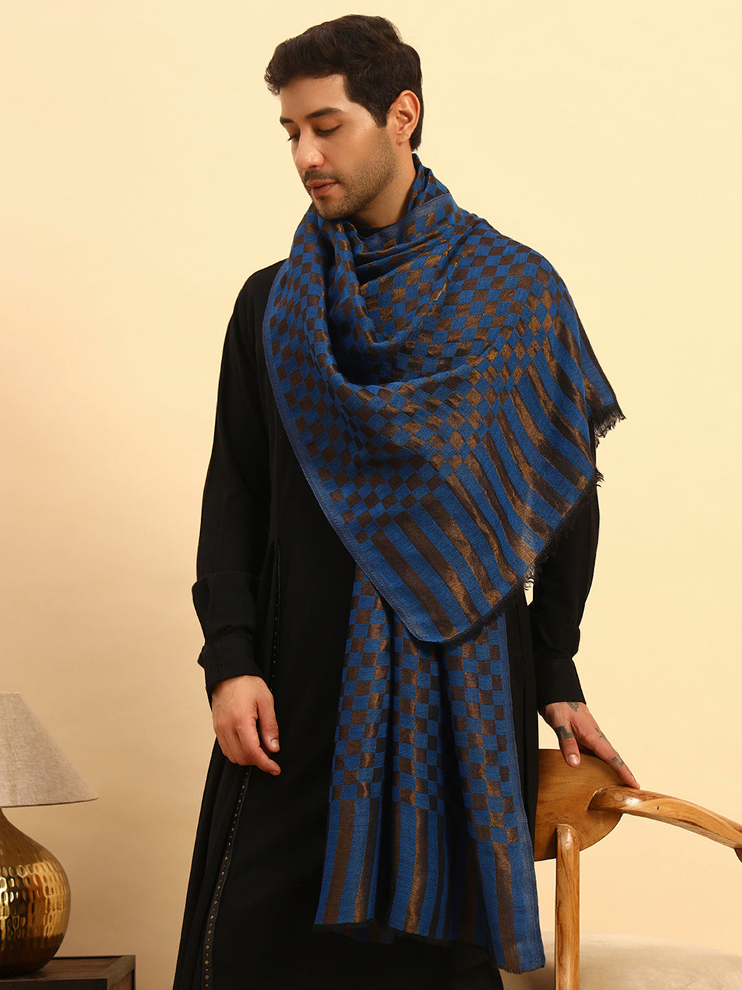 Pashmoda Men Champagne Check Reversible Zari Moonlight Fine Wool Stole (Size: 71x203 Cm)