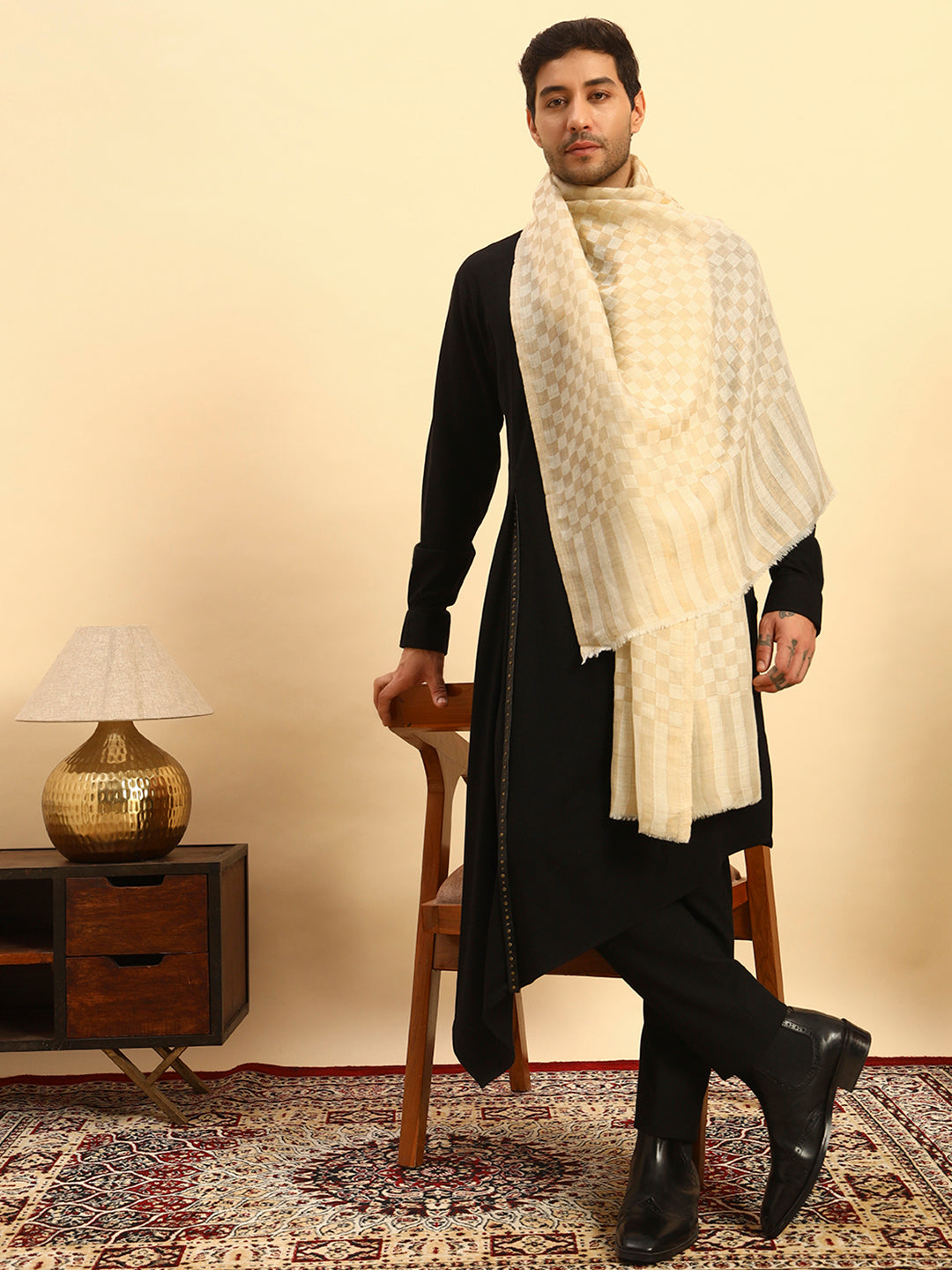Pashmoda Men Champagne Check Reversible Zari Moonlight Fine Wool Stole (Size: 71x203 Cm)