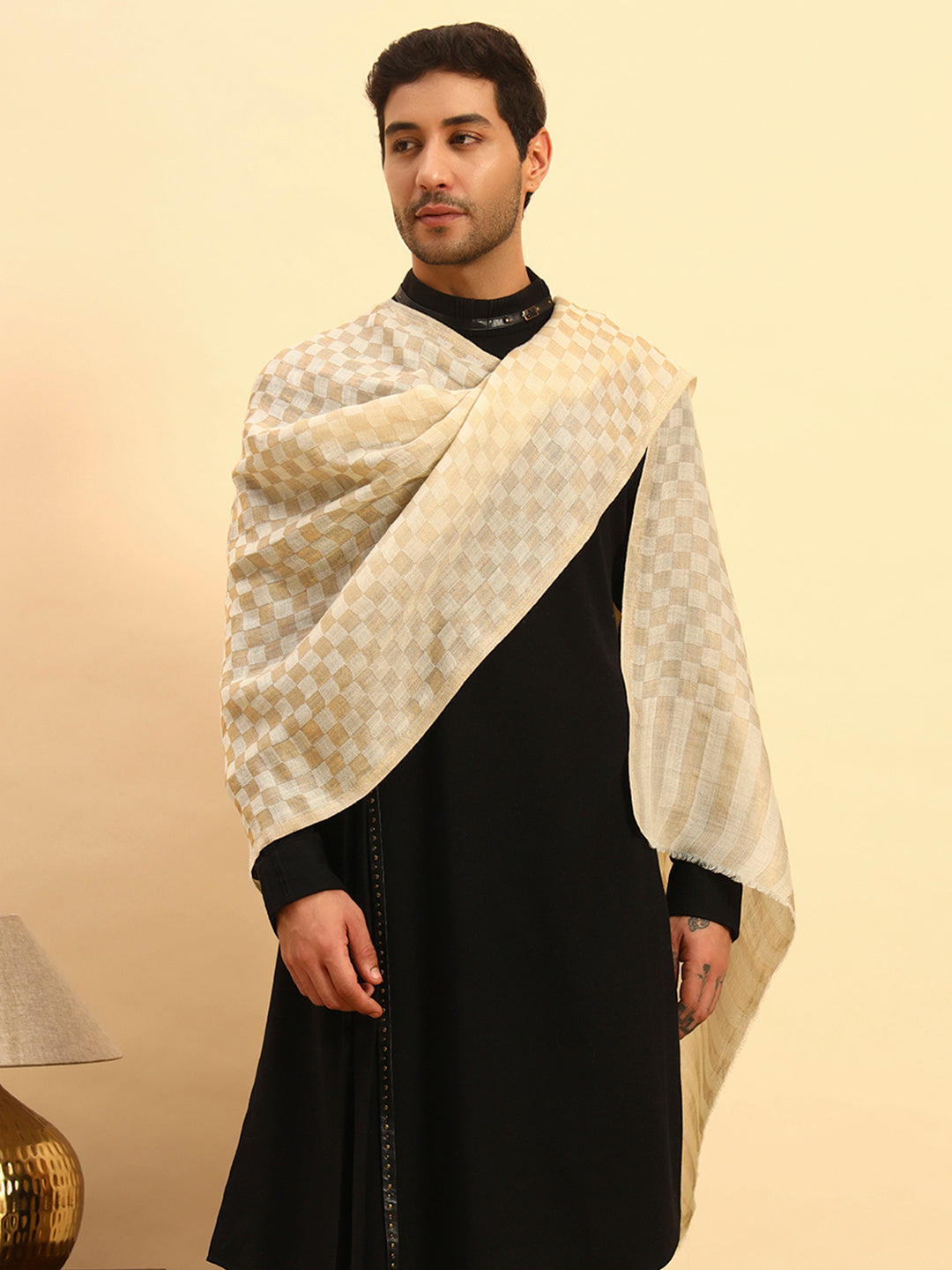 Pashmoda Men Champagne Check Reversible Zari Moonlight Fine Wool Stole (Size: 71x203 Cm)