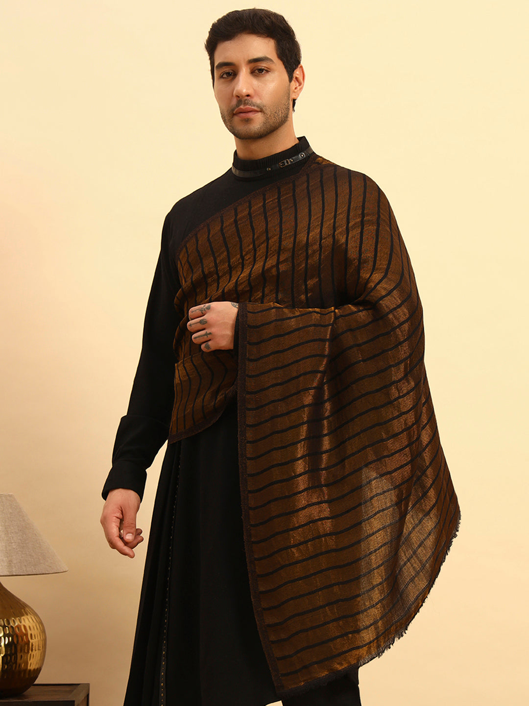 Pashmoda Men Golden Mirage Reversible Zari Moonlight Fine Wool Stole (Size: 71x203 Cm)