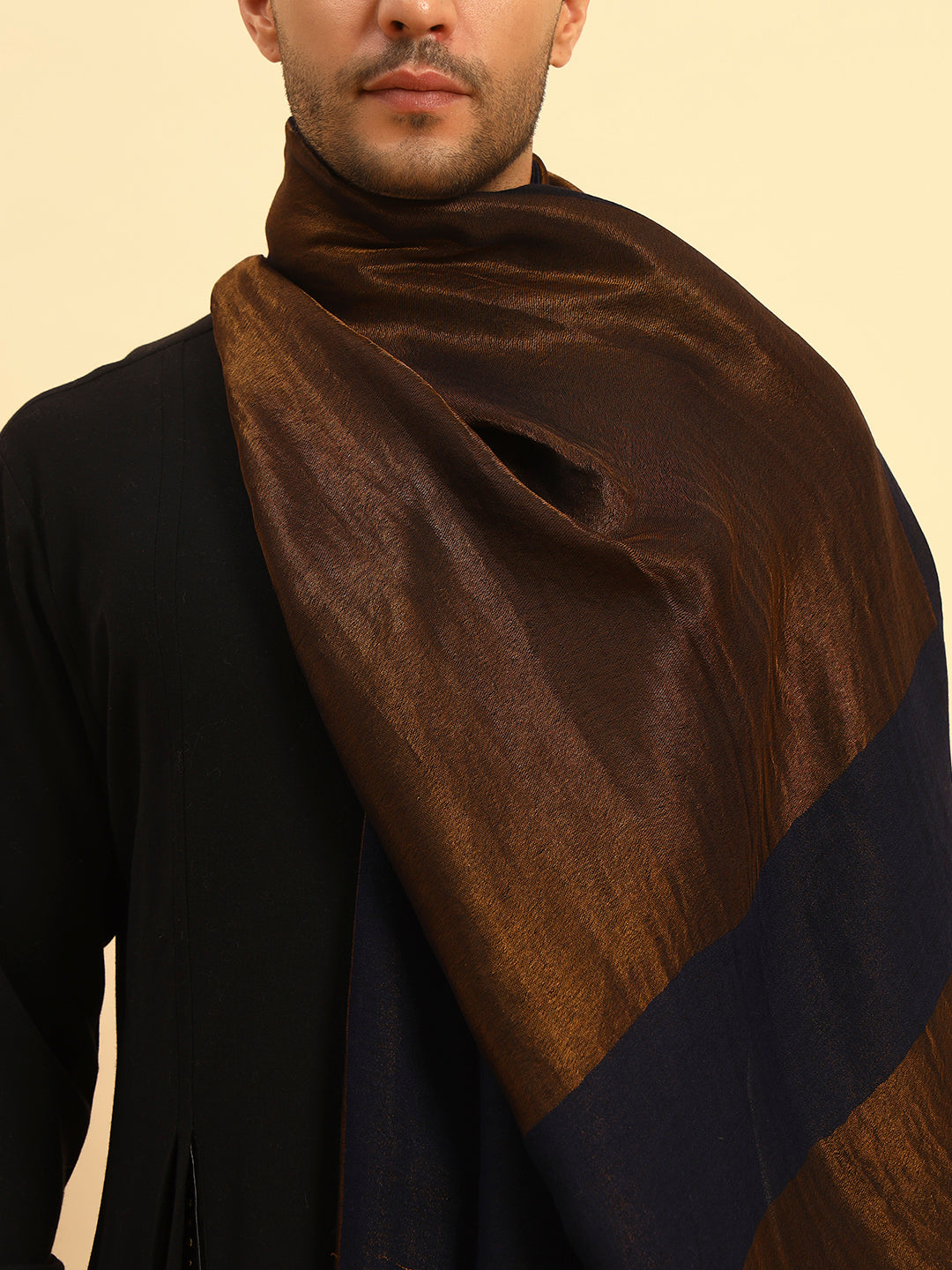 Pashmoda Men Midnight Bronze Reversible Zari Moonlight Fine Wool Stole (Size: 71x203 Cm)