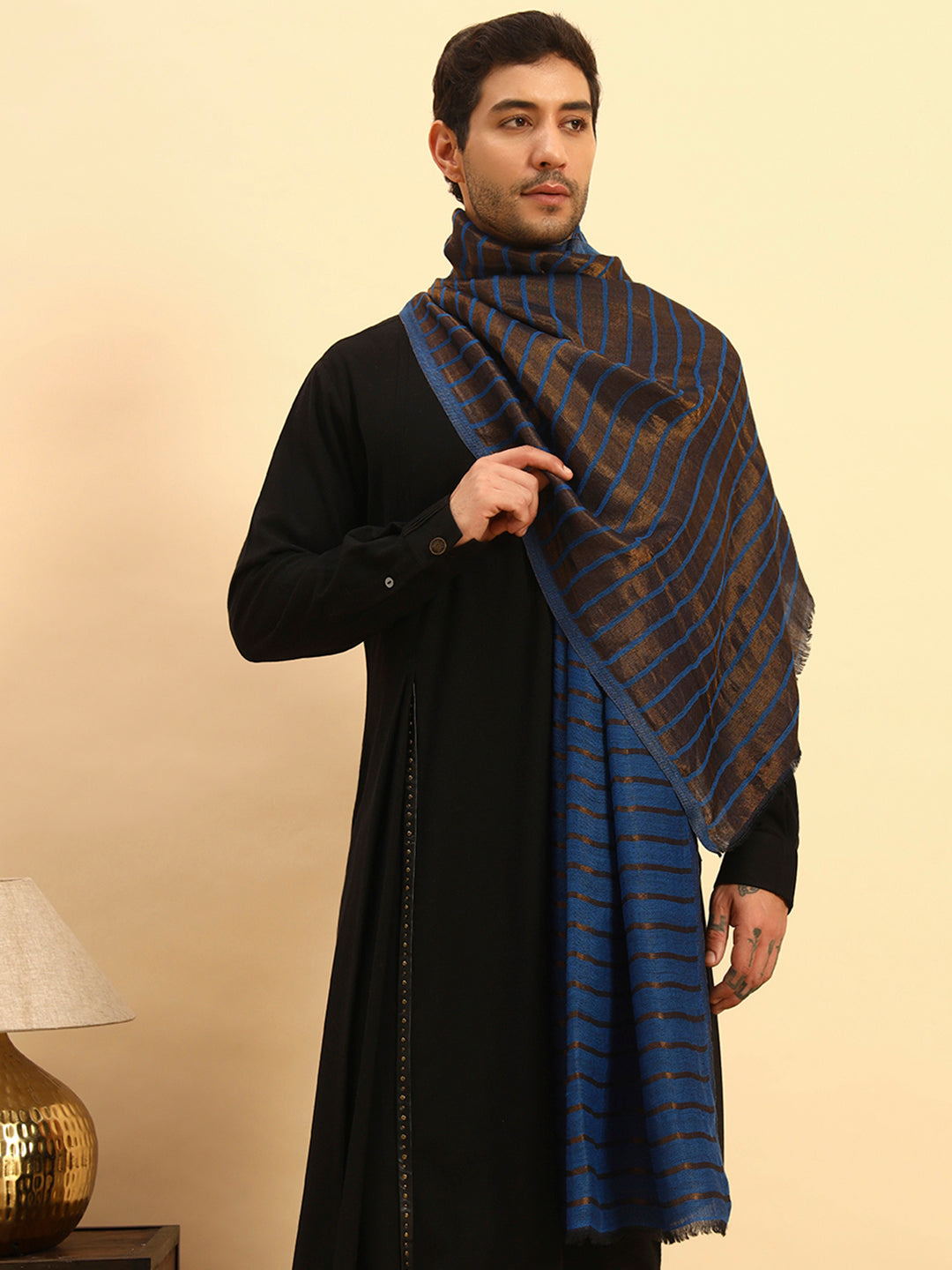 Pashmoda Men Golden Mirage Reversible Zari Moonlight Fine Wool Stole (Size: 71x203 Cm)