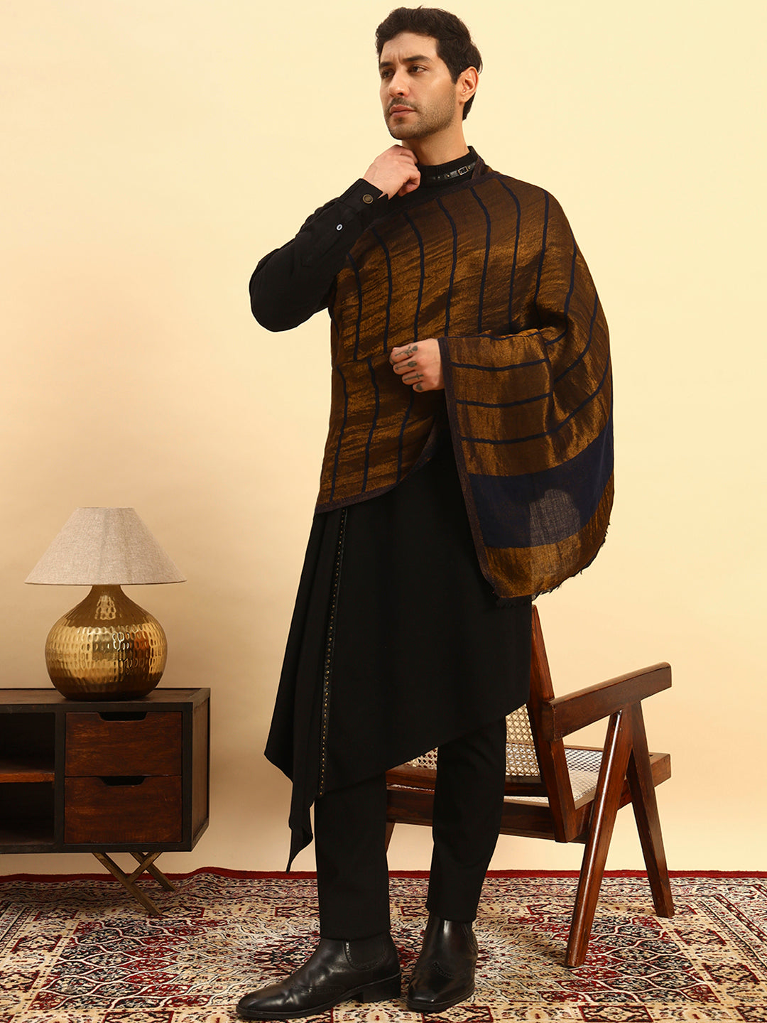 Pashmoda Men Parallel Grace Reversible Zari Moonlight Fine Wool Stole (Size: 71x203 Cm)