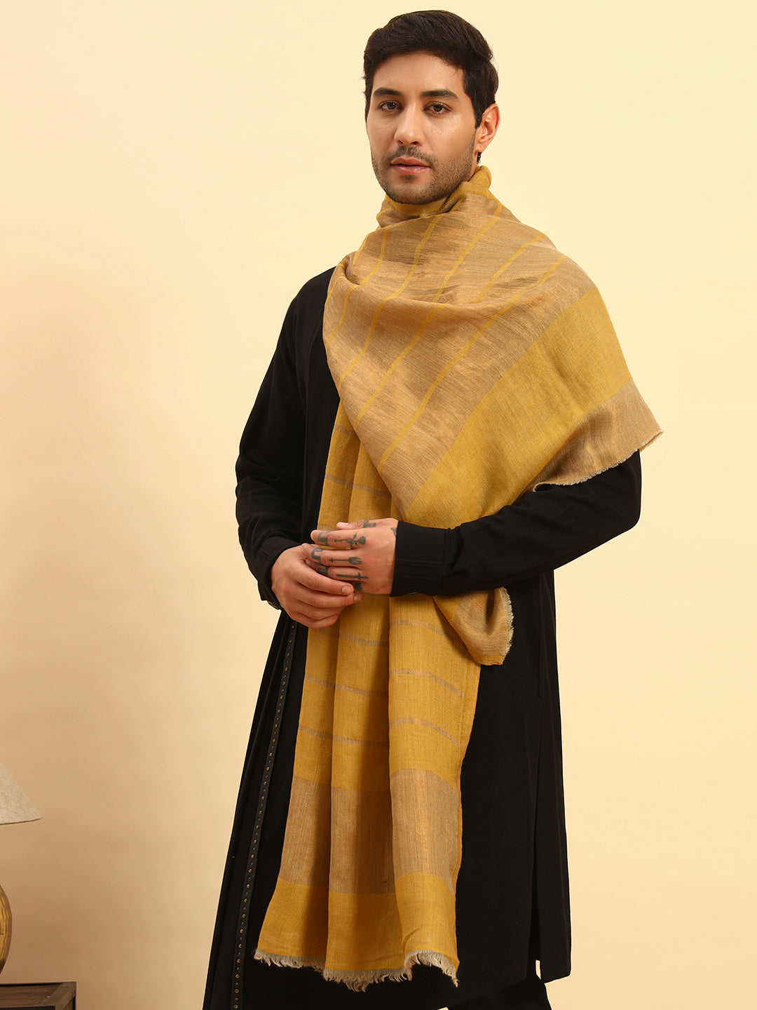 Pashmoda Men Parallel Grace Reversible Zari Moonlight Fine Wool Stole (Size: 71x203 Cm)