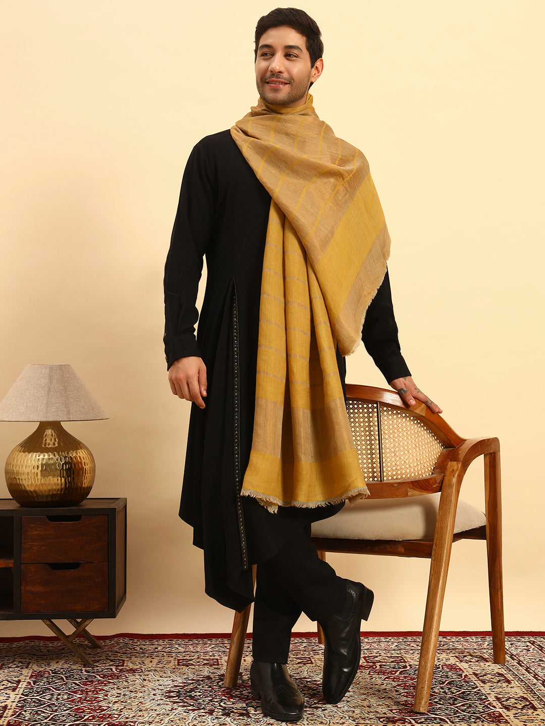 Pashmoda Men Parallel Grace Reversible Zari Moonlight Fine Wool Stole (Size: 71x203 Cm)