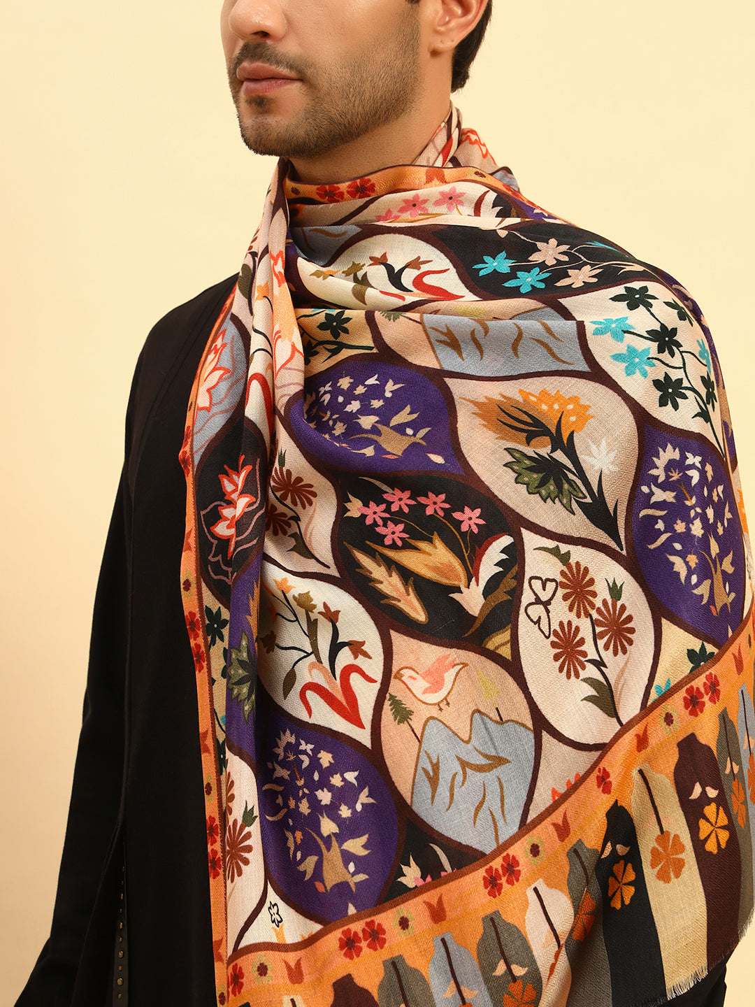 Pashmoda Men Floral Sonata Fine Soft Bamboo Fibre Stole (Size-71x203cm)