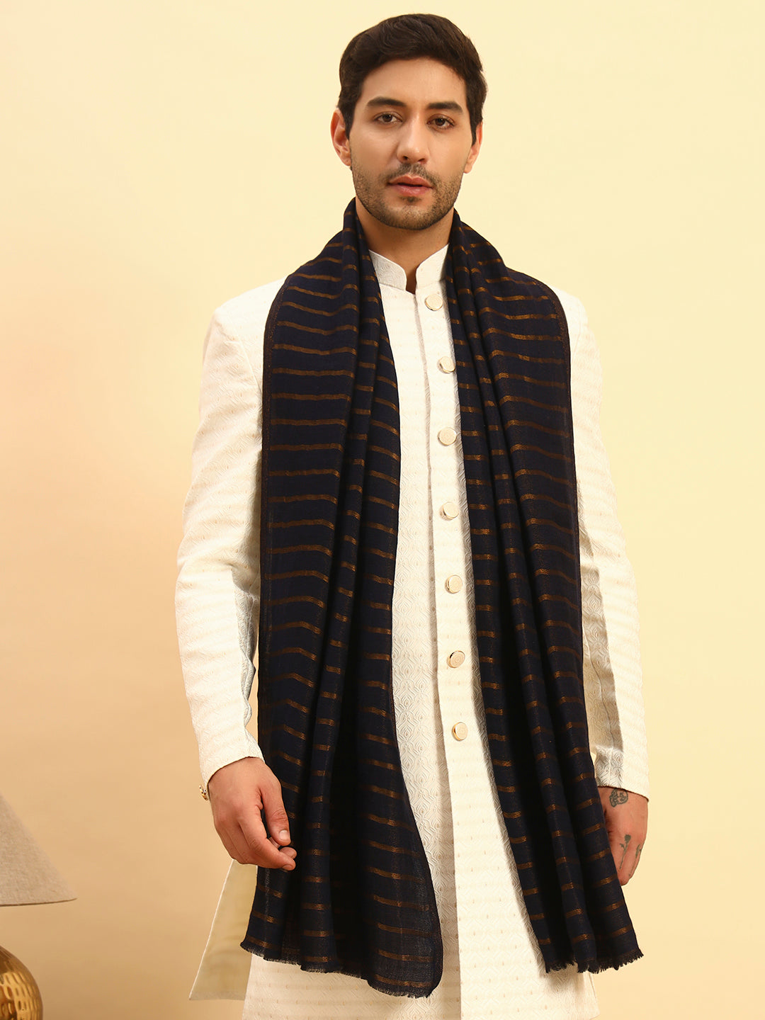 Pashmoda Men Golden Mirage Reversible Zari Moonlight Fine Wool Stole (Size: 71x203 Cm)