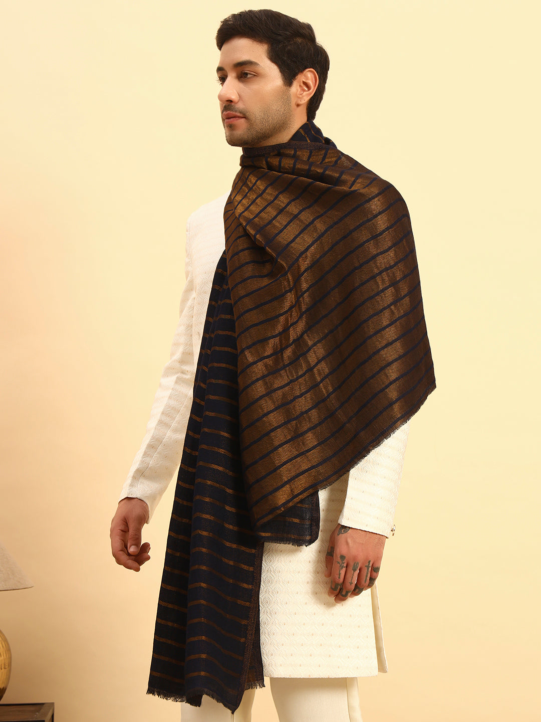 Pashmoda Men Golden Mirage Reversible Zari Moonlight Fine Wool Stole (Size: 71x203 Cm)