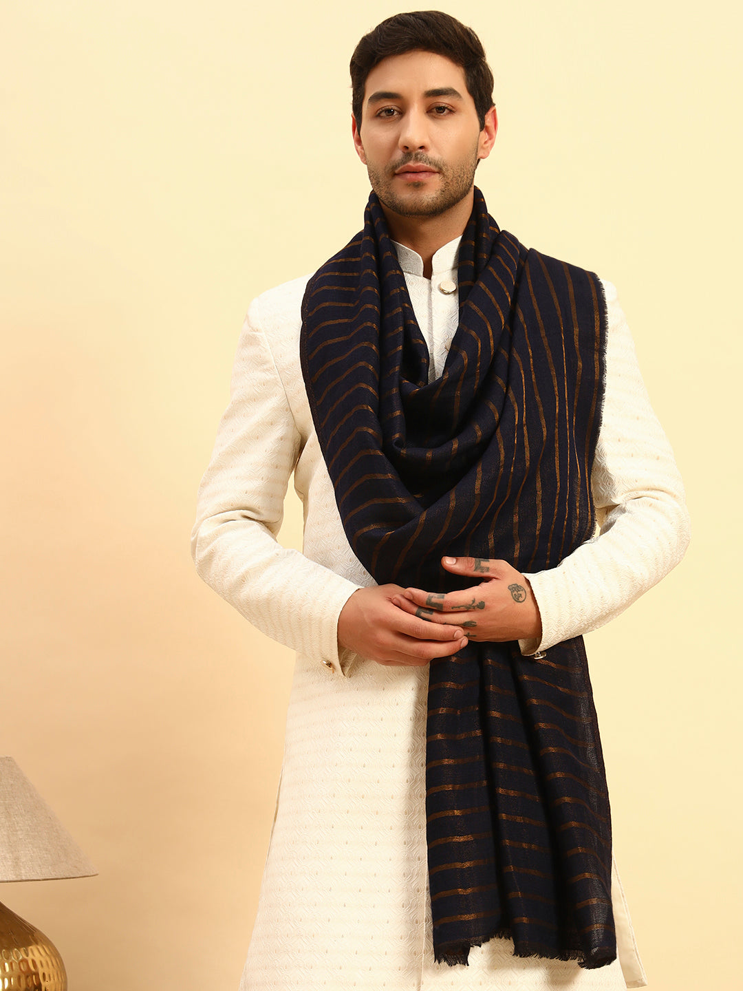 Pashmoda Men Golden Mirage Reversible Zari Moonlight Fine Wool Stole (Size: 71x203 Cm)