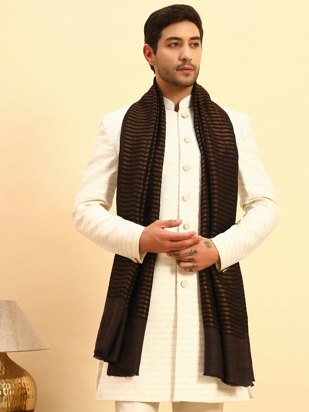 Pashmoda Men Golden Eclipse Reversible Zari Moonlight Fine Wool Stole (Size: 71x203 Cm)