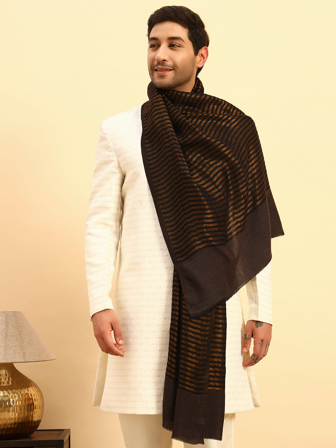 Pashmoda Men Golden Eclipse Reversible Zari Moonlight Fine Wool Stole (Size: 71x203 Cm)