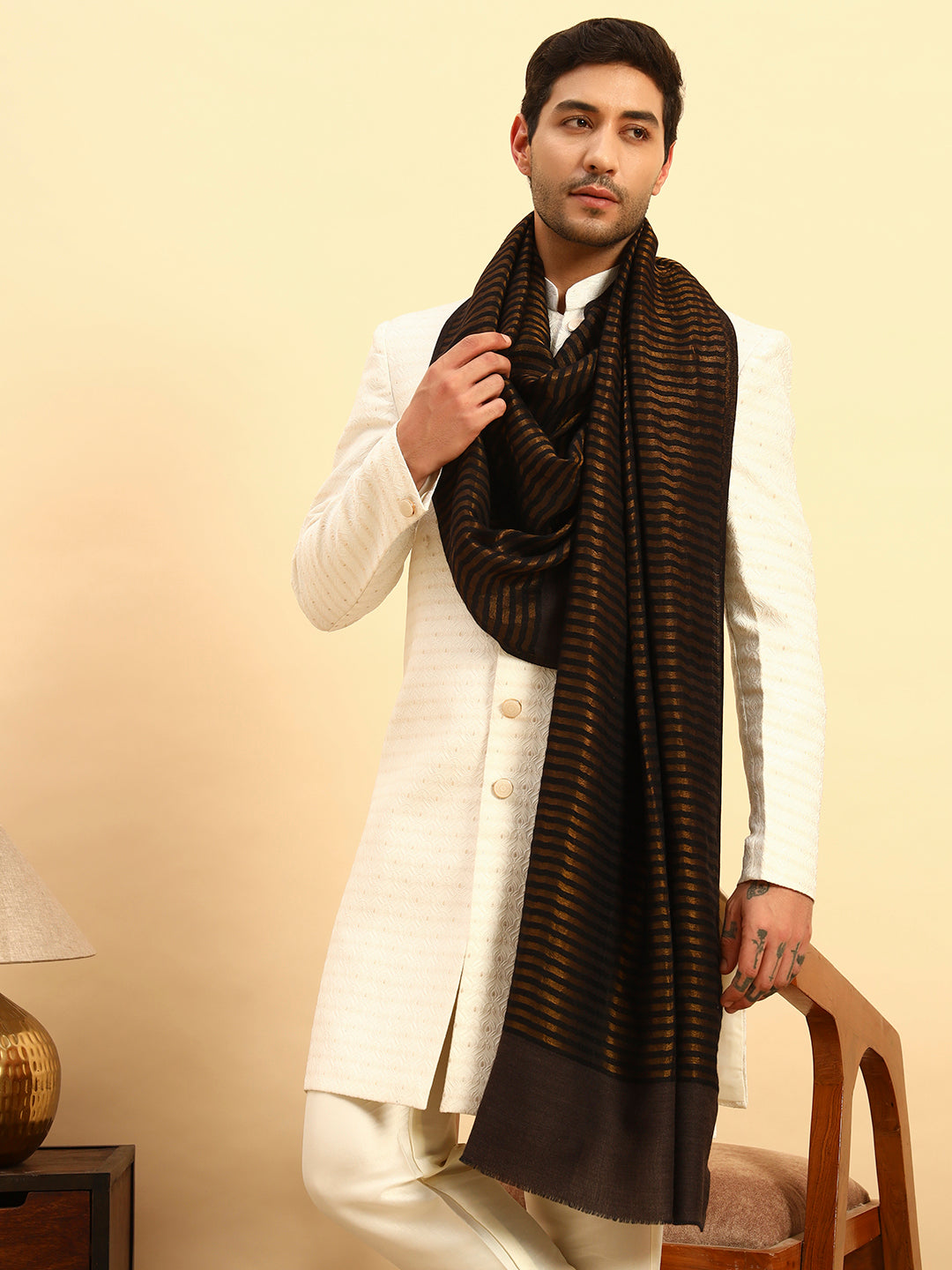 Pashmoda Men Golden Eclipse Reversible Zari Moonlight Fine Wool Stole (Size: 71x203 Cm)